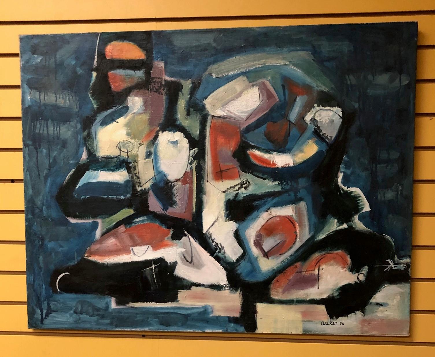 Original midcentury abstract oil on canvas painting by Clay Walker, circa 1956. 

Clay Walker, born in 1924 in Kentucky. Walker exhibited with Picasso, Warhol, Rauschenberg, etc.; he has shown in over 200 US and international exhibitions and he