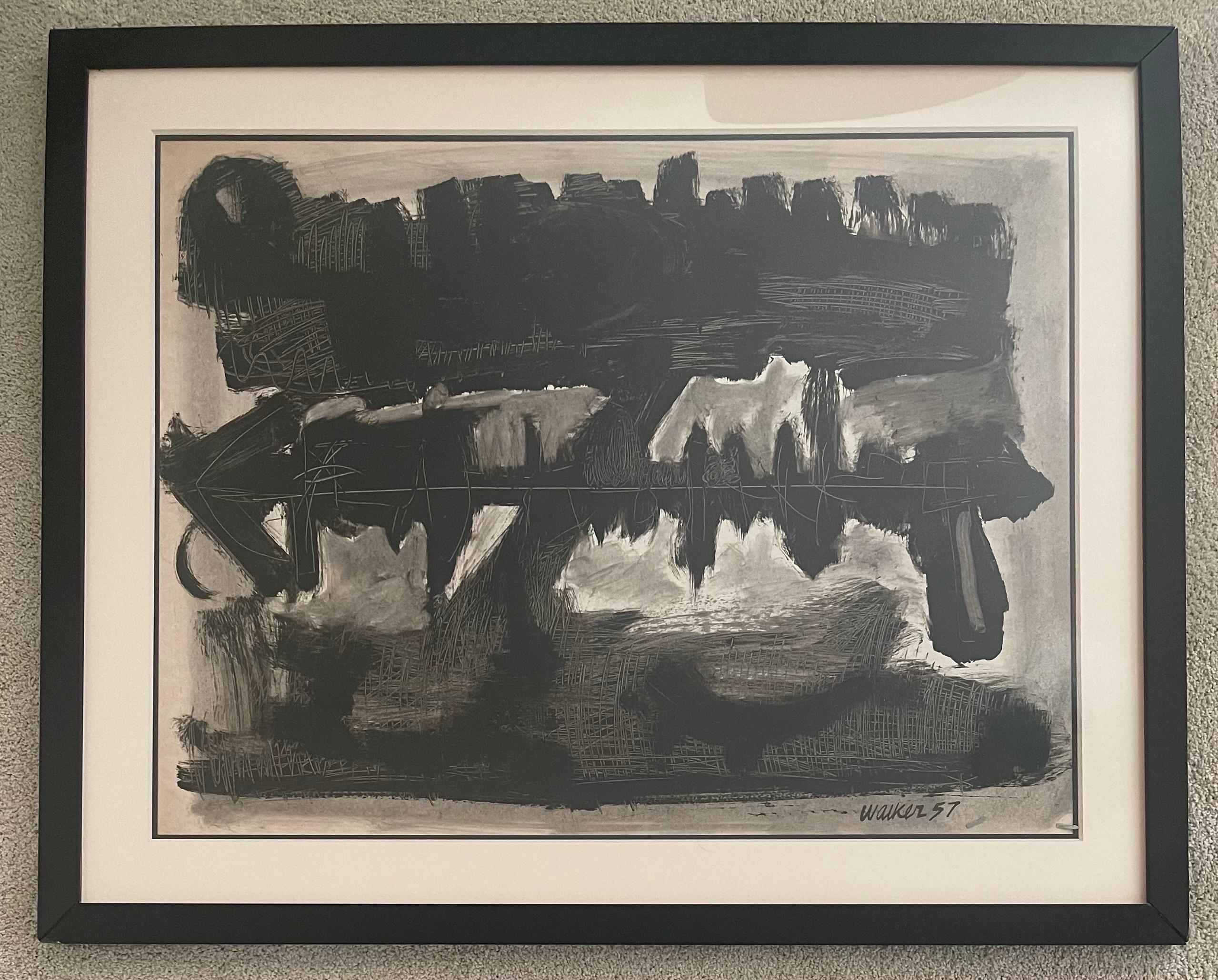 Peinture à l'huile abstraite originale du milieu du siècle par Clay Walker, vers 1957. L'œuvre est en très bon état et est présentée dans un cadre noir avec un passe-partout crème. Les dimensions totales de l'œuvre sont de 33,5