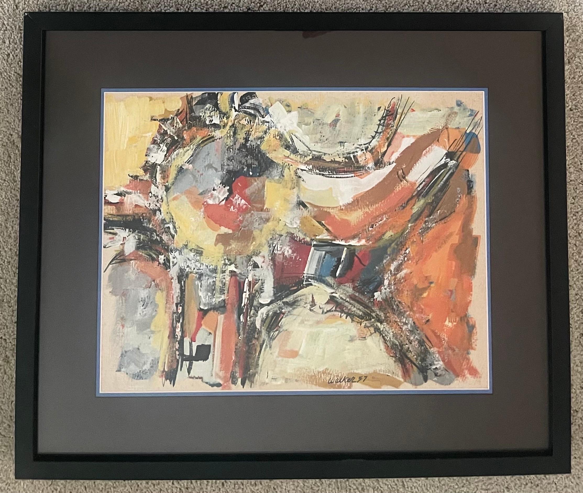Original mid-century abstract oil painting by Clay Walker, circa 1957. The piece is in very good vintage condition and is presented in a black frame with black mat; the overall dimensions of the piece are 19.5