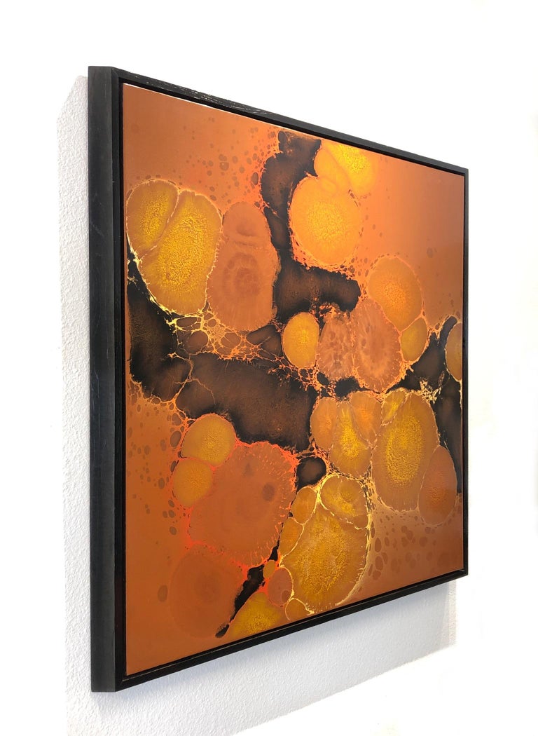 A beautiful 1976 abstract mixed-media painting by America artists Tom Belloni. The painting has orange, browns and gold colors. The painting is hand signed Belloni and dated 1976 on the right top corner (see detail photos). The painting is frame