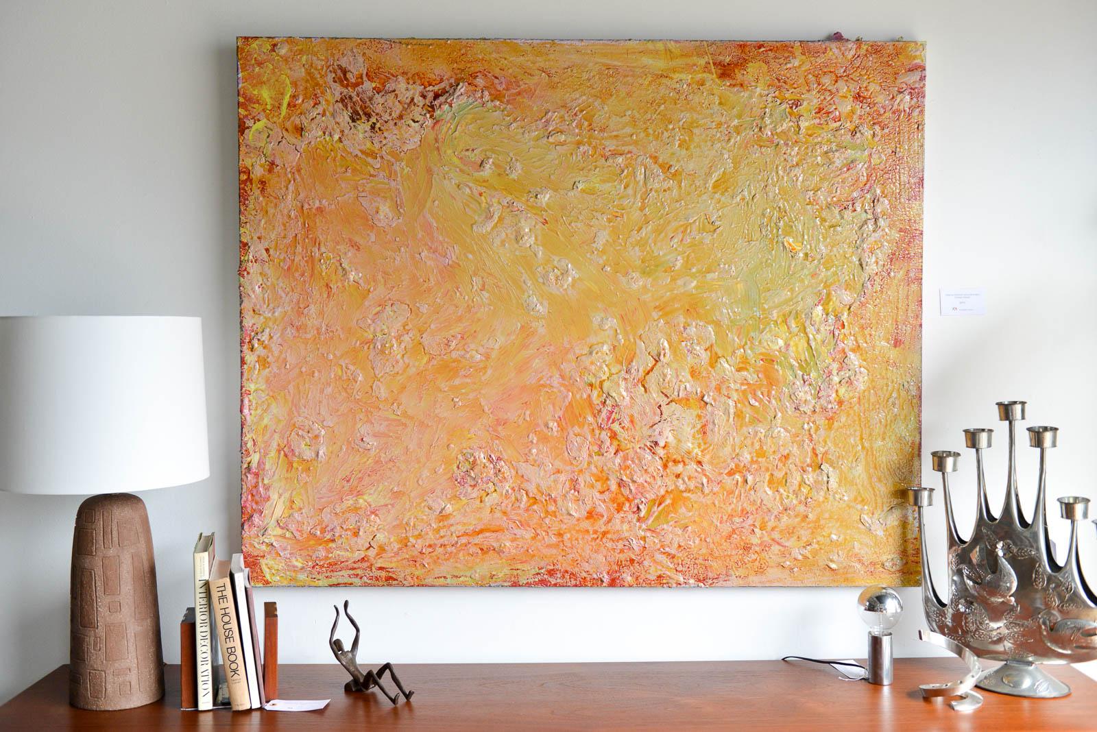 Large original abstract painting on canvas by Brandon Charles Weber. Signed by the artist on reverse, this beautiful piece is an original work and works well with Mid-Century Modern, modern and contemporary decor. Unframed and signed.

Measures