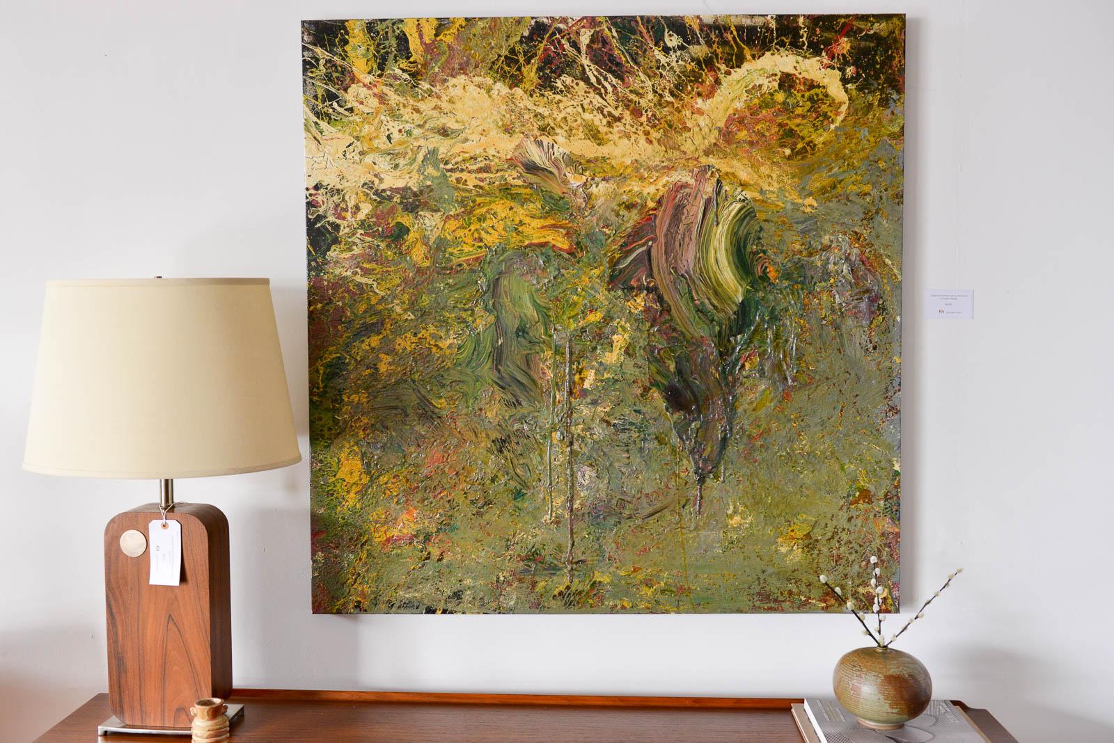 Large original abstract painting on canvas by Brandon Charles Weber. Signed by the artist on reverse, this beautiful piece is an original work and works well with mid century modern, modern and contemporary decor. Unframed and signed. Measures: 48