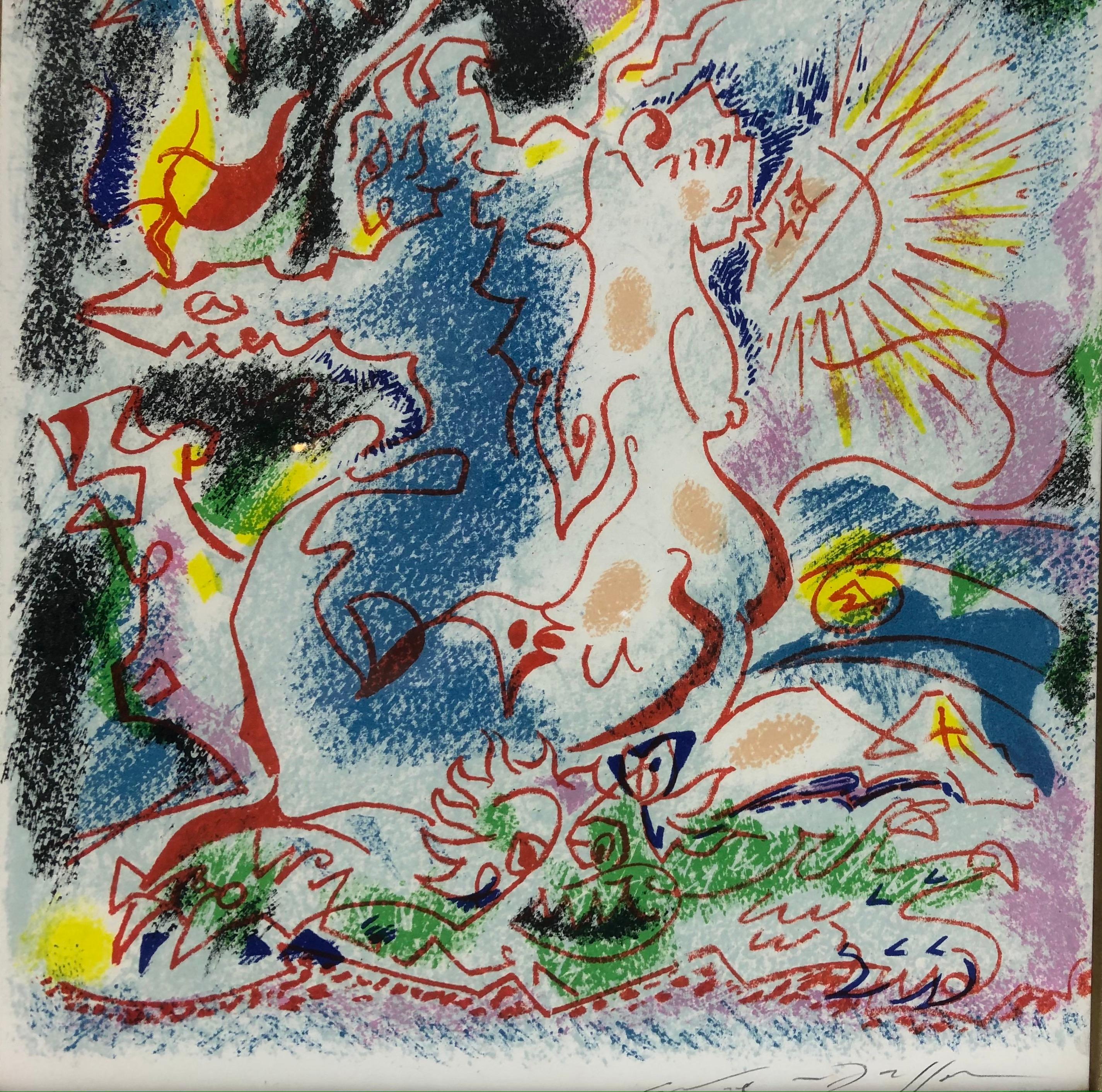 A very colorful abstract lithograph in the manner of Jean Cocteau. 
This artwork is pencil signed by the artist. 
Unnumbered. 

Framed measurements: 21 3/8