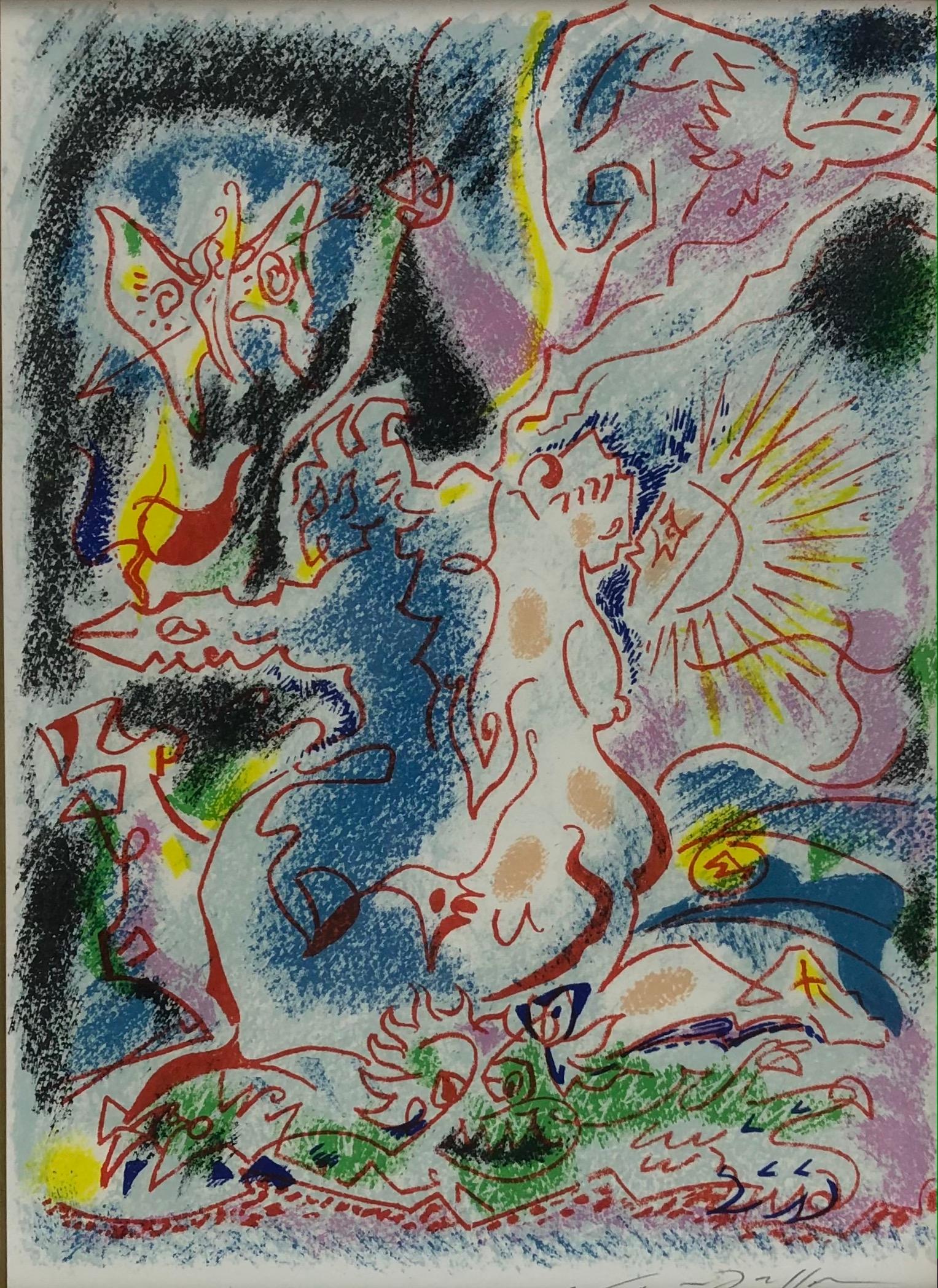 Jean Cocteau Style Abstract Lithograph, Hand Signed In Good Condition In Miami, FL