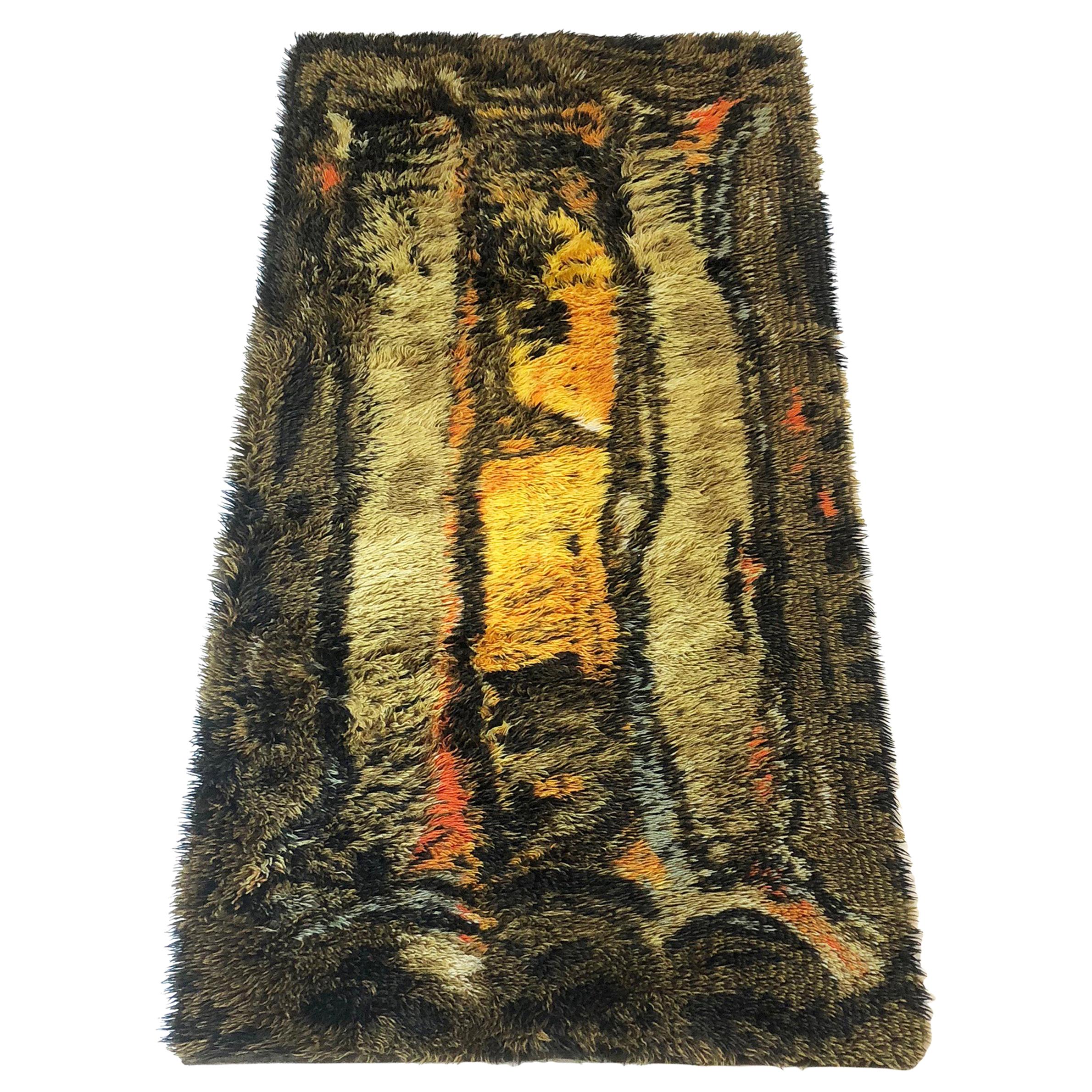 Original Abstract Scandinavian High Pile Abstract Rya Rug Carpet, Denmark, 1960s