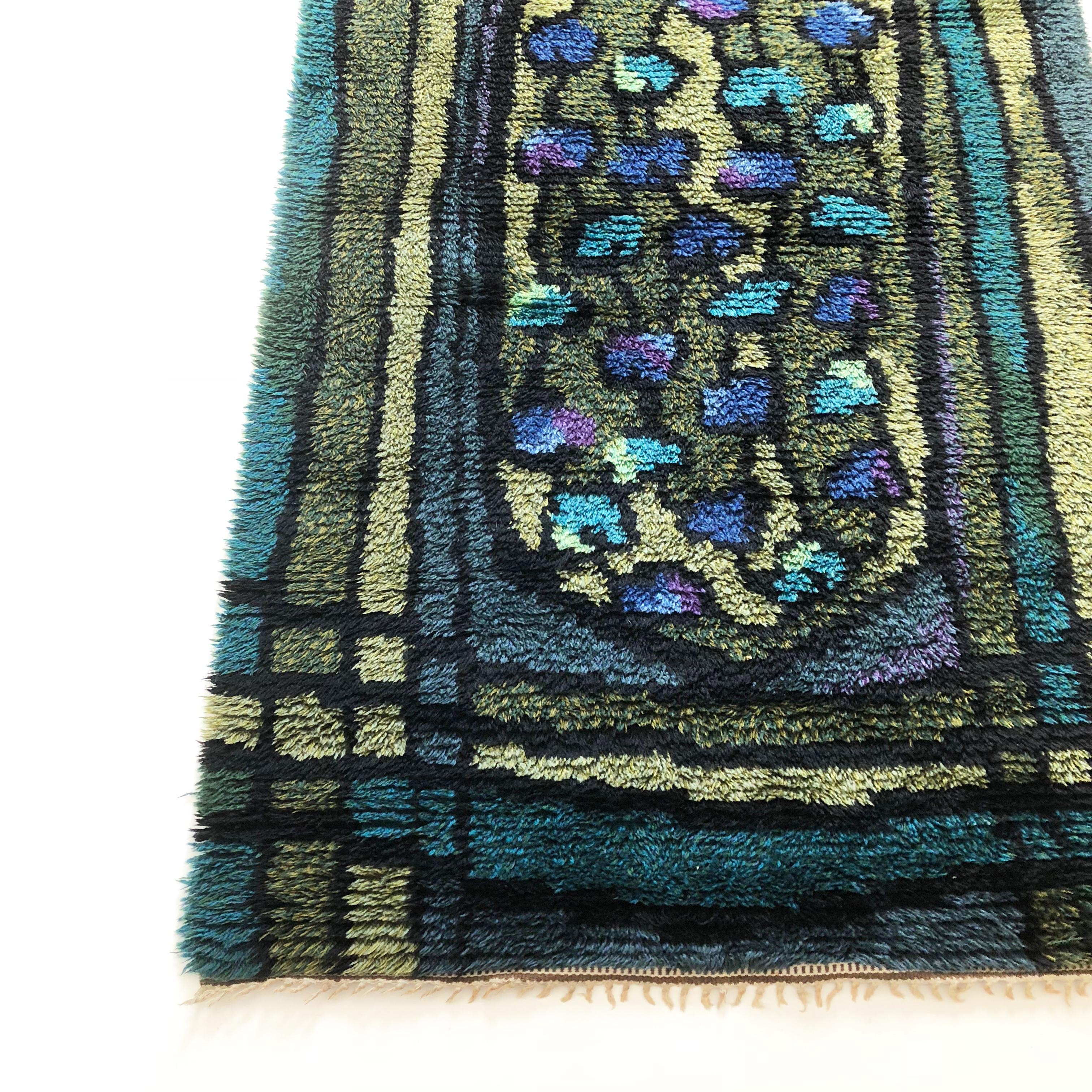 Mid-Century Modern Original Abstract Scandinavian High Pile Abstract Rya Rug Carpet, Sweden, 1960s For Sale
