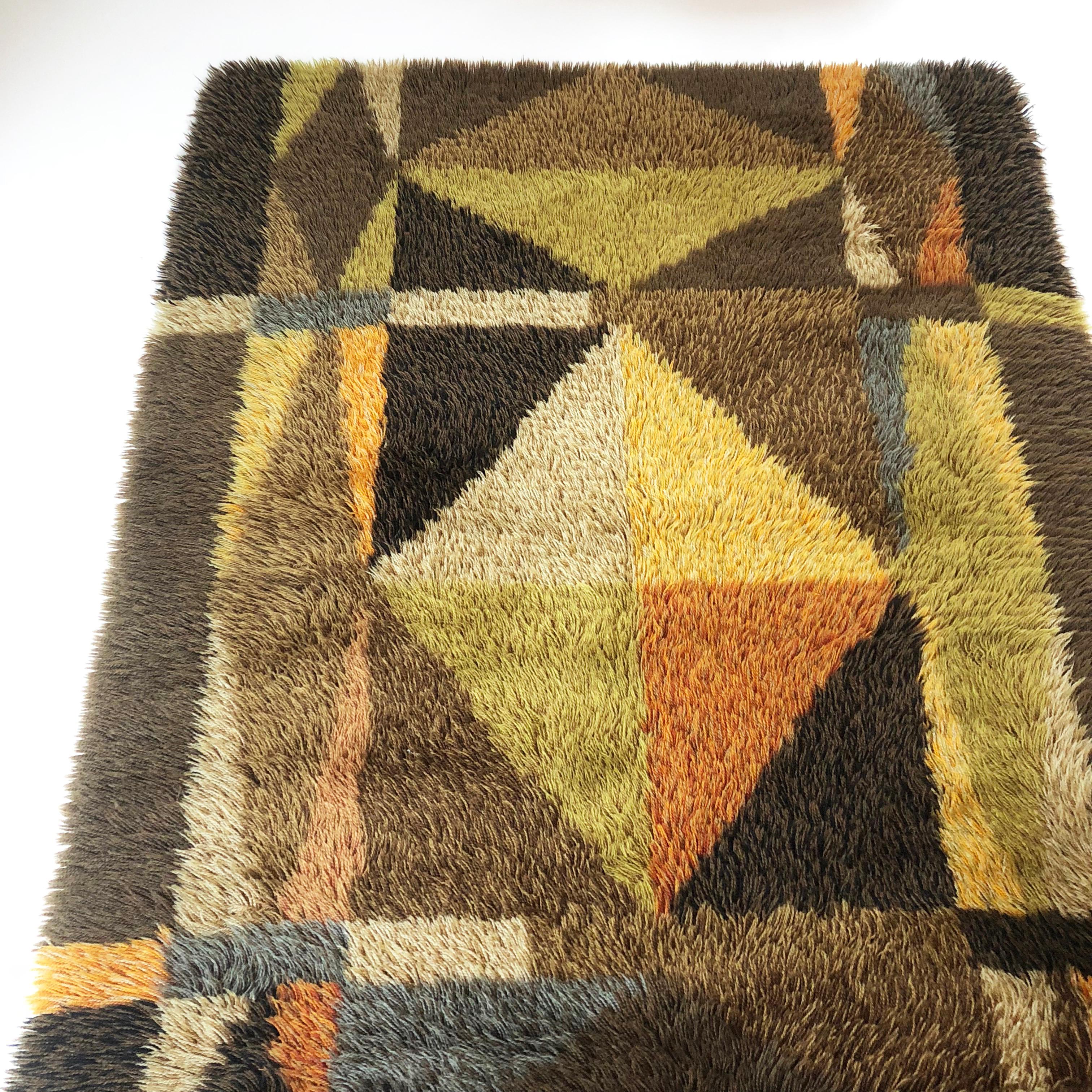 Finnish Original Abstract Scandinavian High Pile Abstract Rya Rug Carpet, Sweden, 1960s