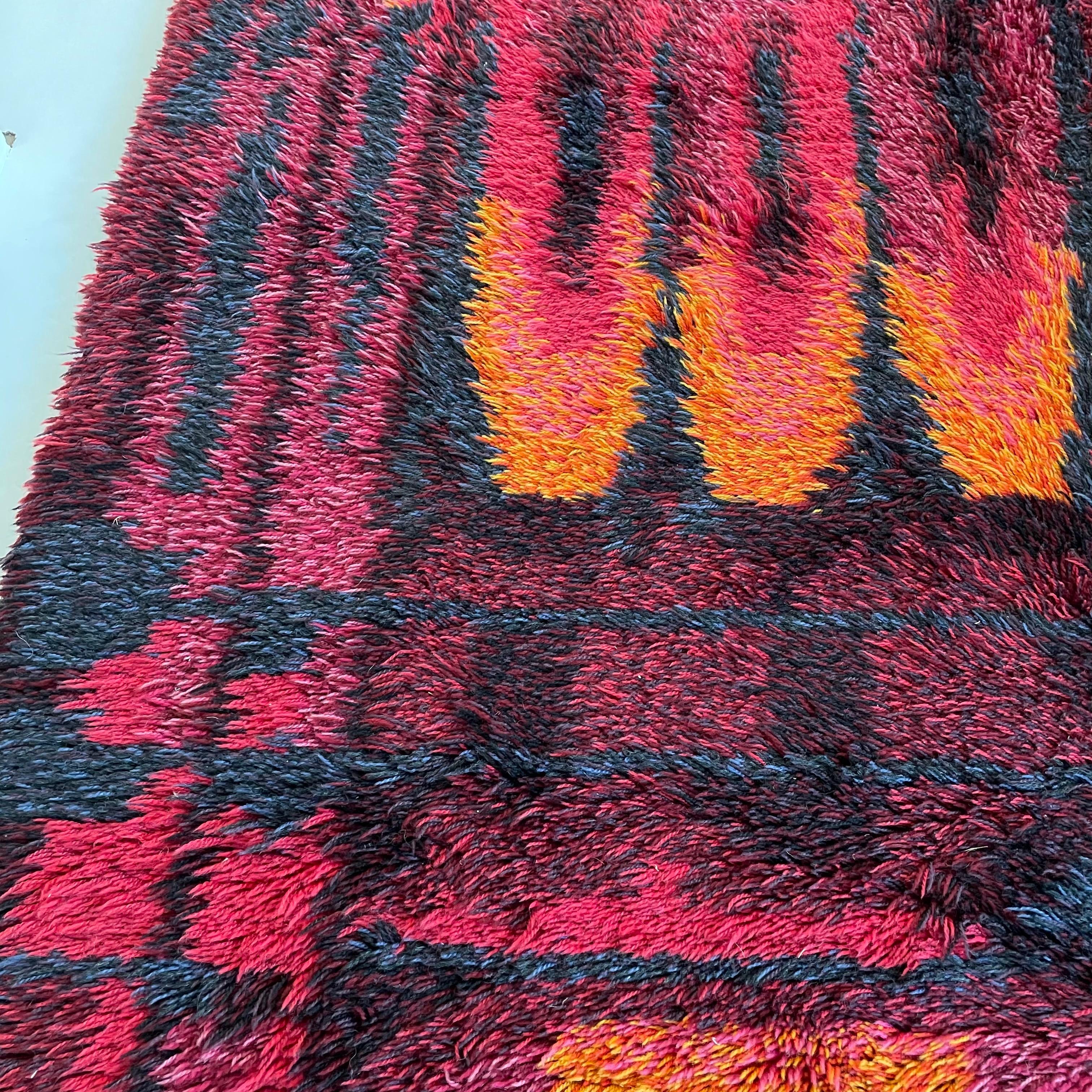 Original Abstract Scandinavian High Pile Abstract Rya Rug Carpet, Sweden, 1960s For Sale 1