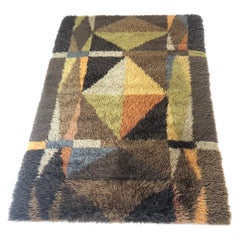 Original Abstract Scandinavian High Pile Abstract Rya Rug Carpet, Sweden, 1960s
