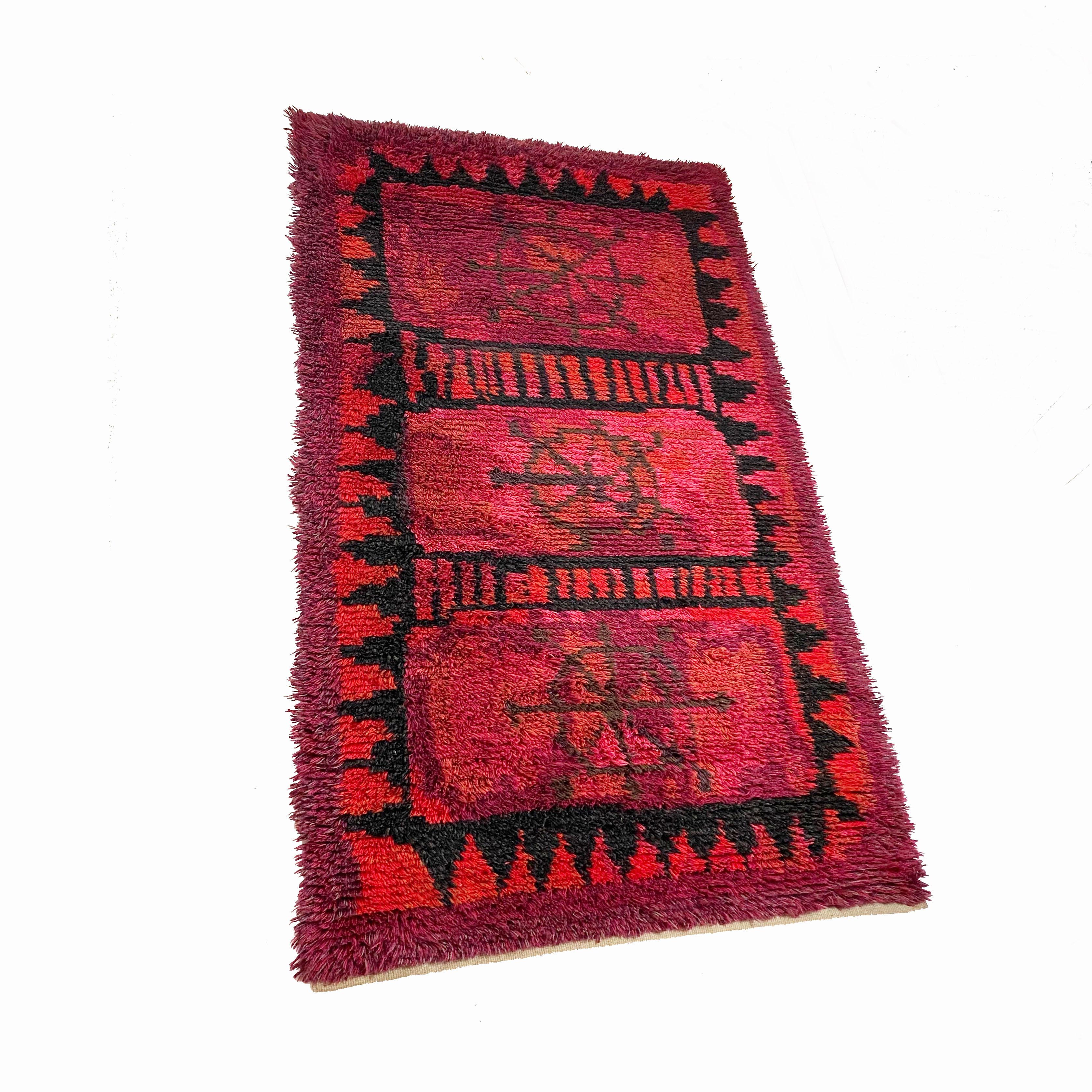 Tapis Rya scandinave abstrait à poils longs d'origine, Suède, années 1960