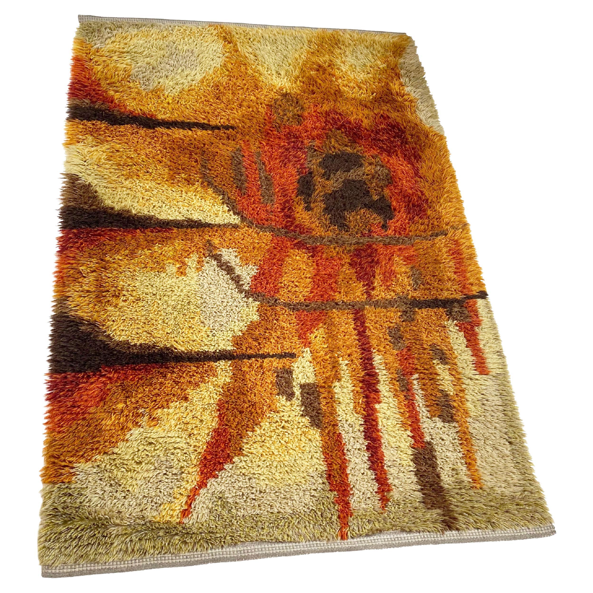 Original Abstract Scandinavian High Pile Abstract Rya Rug Carpet, Sweden, 1960s For Sale