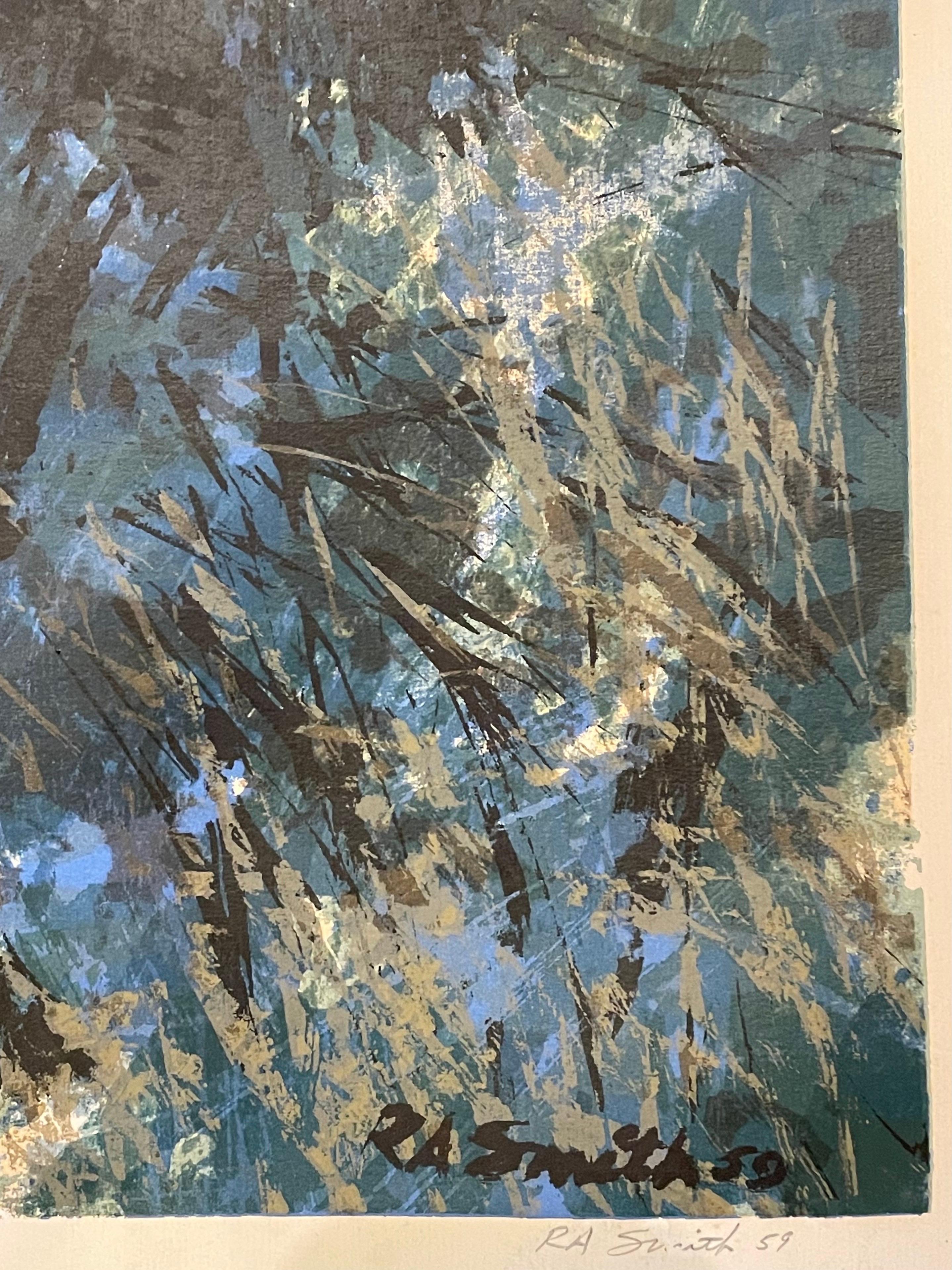 Large and rare signed and dated 1959 title Light in the Oaks, by listed artist Robert Alan Smith, unframed the condition its good with some stains on the edge as shown the color and signature are perfect and once it's framed you won't see anything.