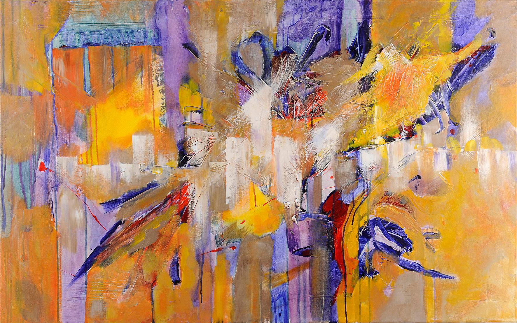 Original Abstraction Lyrique En Jaune Et Bleu Abstract Painting