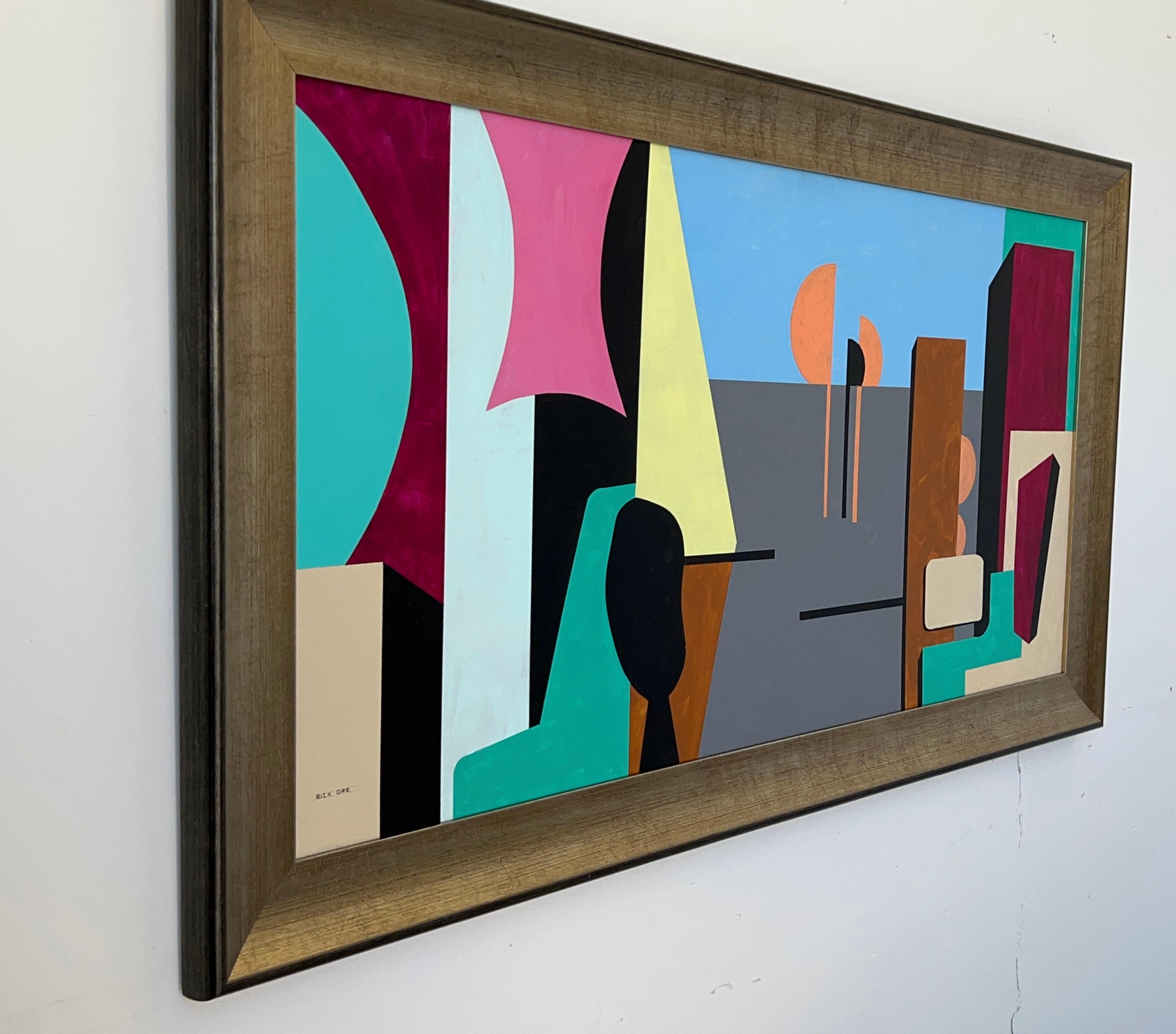 Original acrylic on board abstract paint by American listed artist Rick Orr. 
Framed in a gilded wood frame. 
Measurements: 54” Wide, 30” High, 2” Deep.