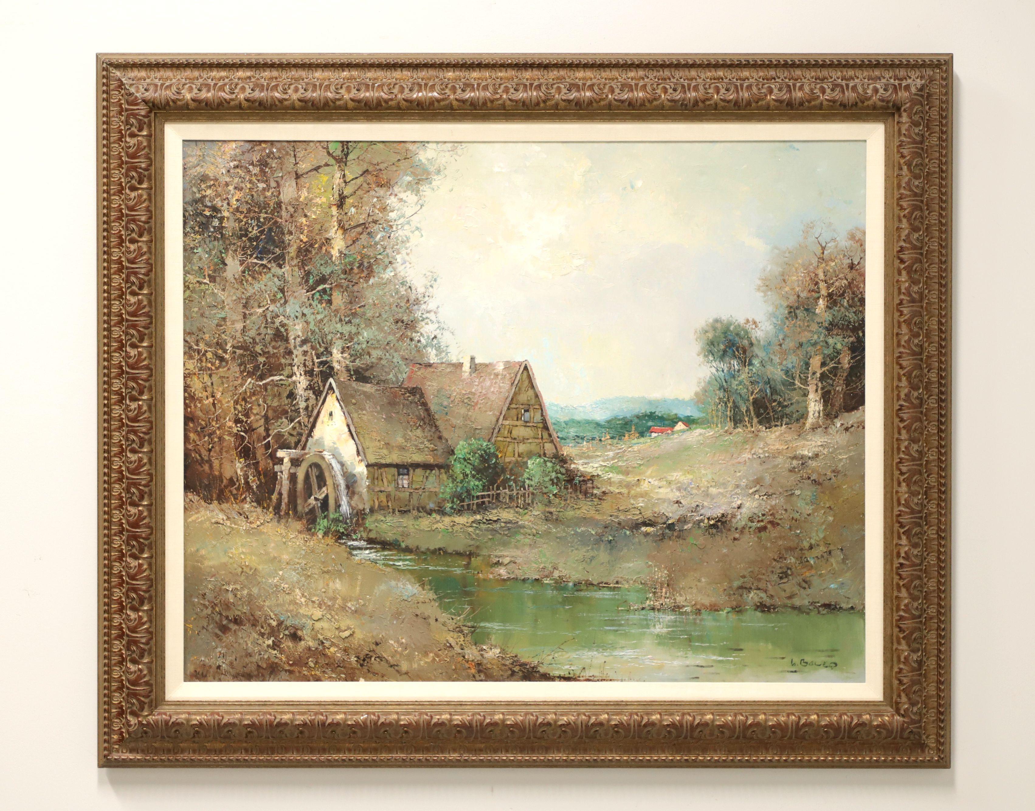 20th Century Original Acrylic on Canvas Painting - Watermill Scene - Signed L. Bauer For Sale