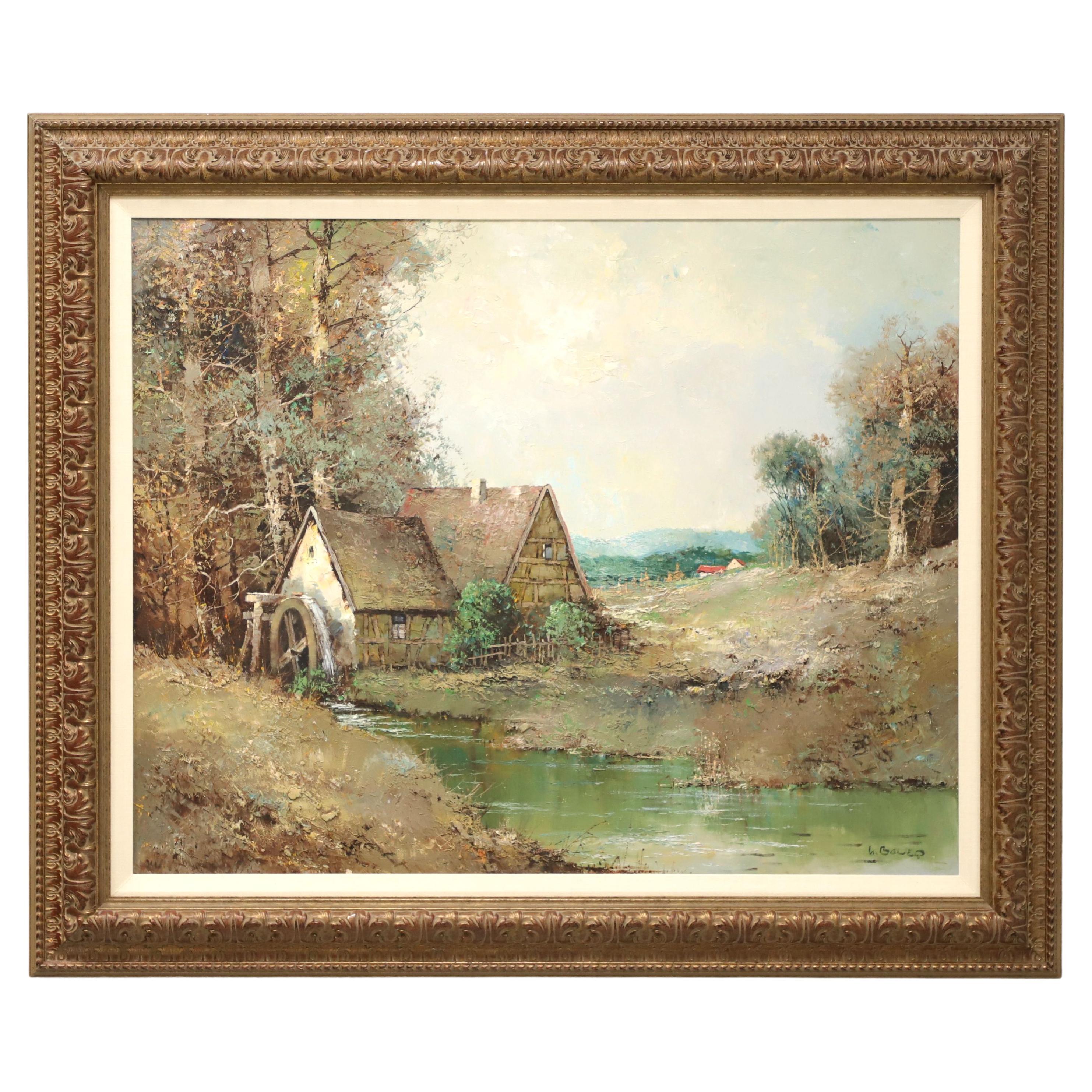 Original Acrylic on Canvas Painting - Watermill Scene - Signed L. Bauer For Sale