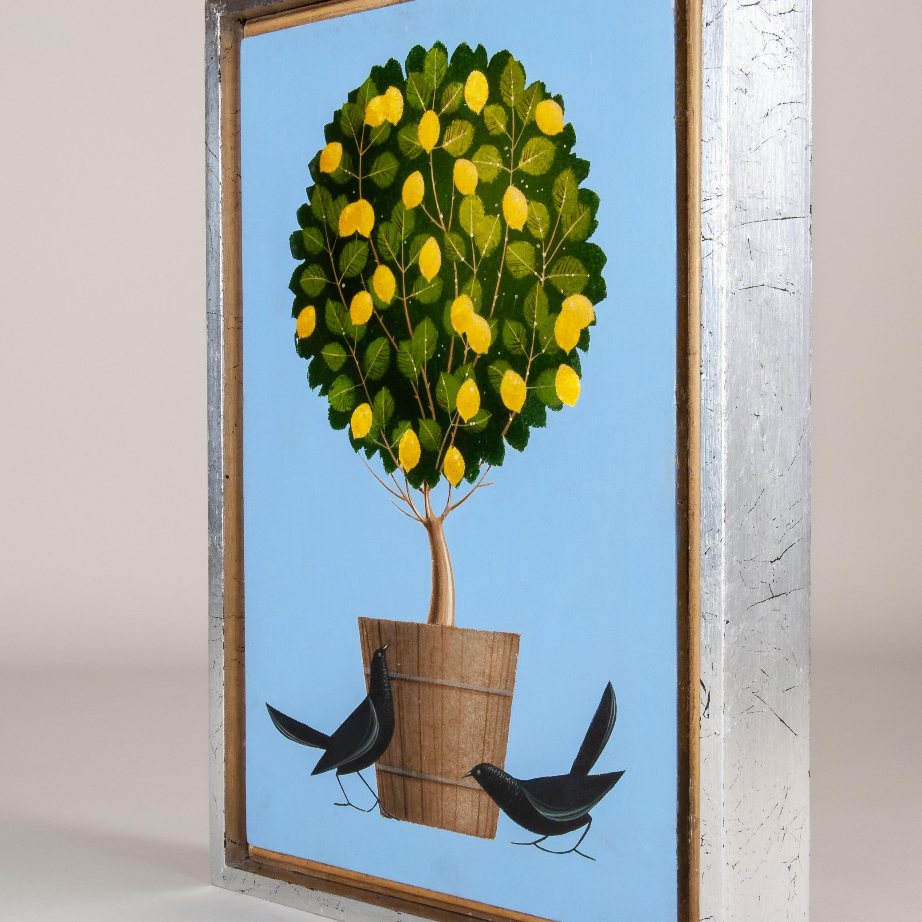 Original acrylic painting on wood with Two blackbirds and a pot with an orange tree against a blue background in square format by Alejandro Rangel Hidalgo. Rangel was an artist, graphic designer, an artisan in wood furniture, and Scenographer for