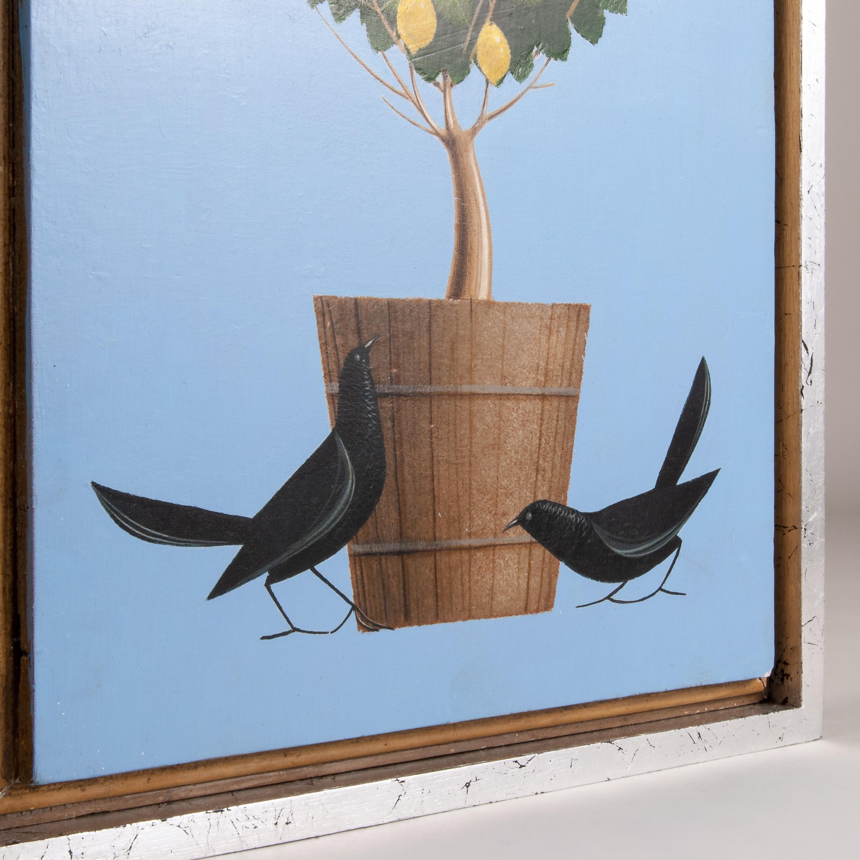 Folk Art Original Acrylic on Wood Painting of Birds & Pot with Tree by A Rangel Hidalgo For Sale