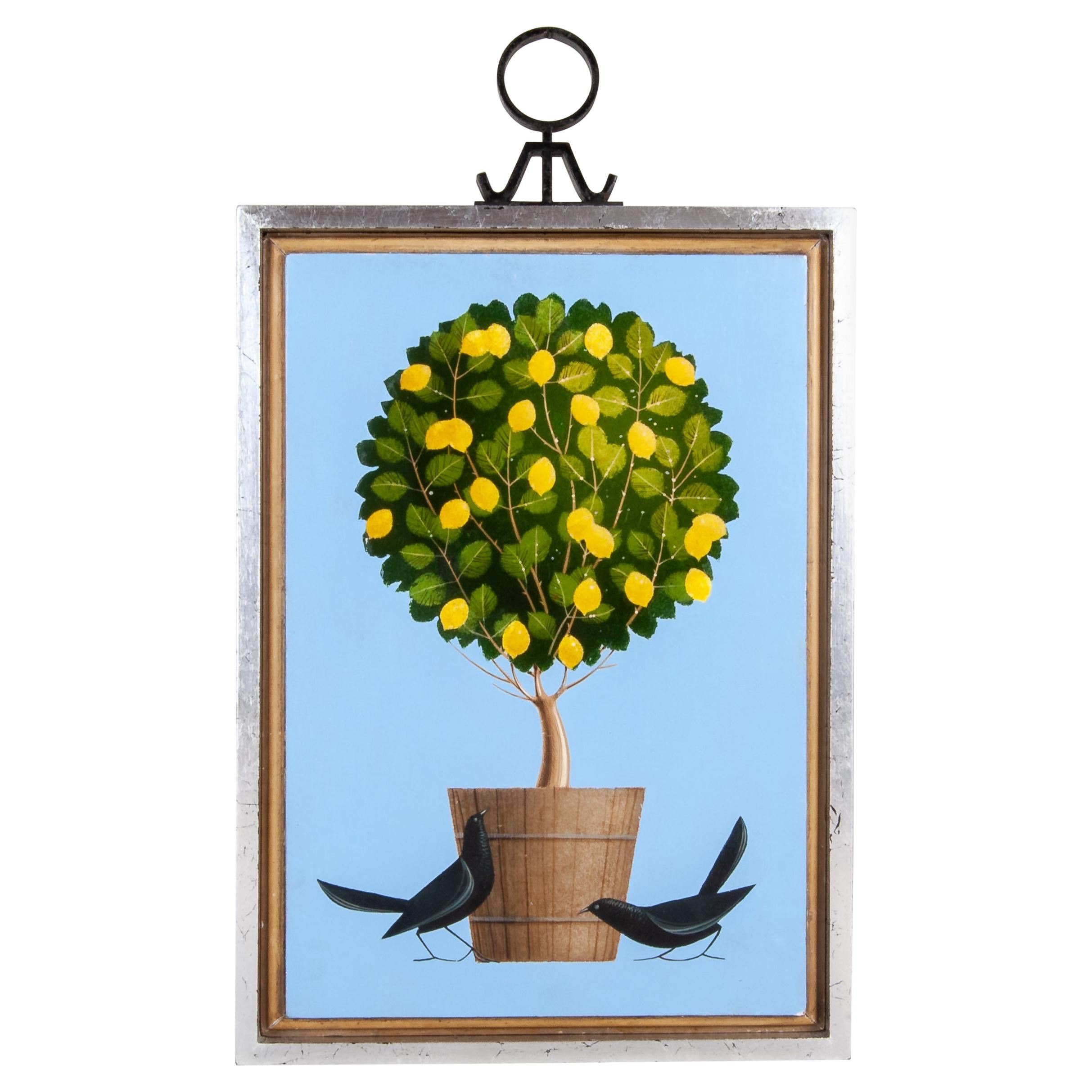 Peinture originale à l'acrylique sur bois représentant des oiseaux et un pot avec un arbre par A Rangel Hidalgo en vente
