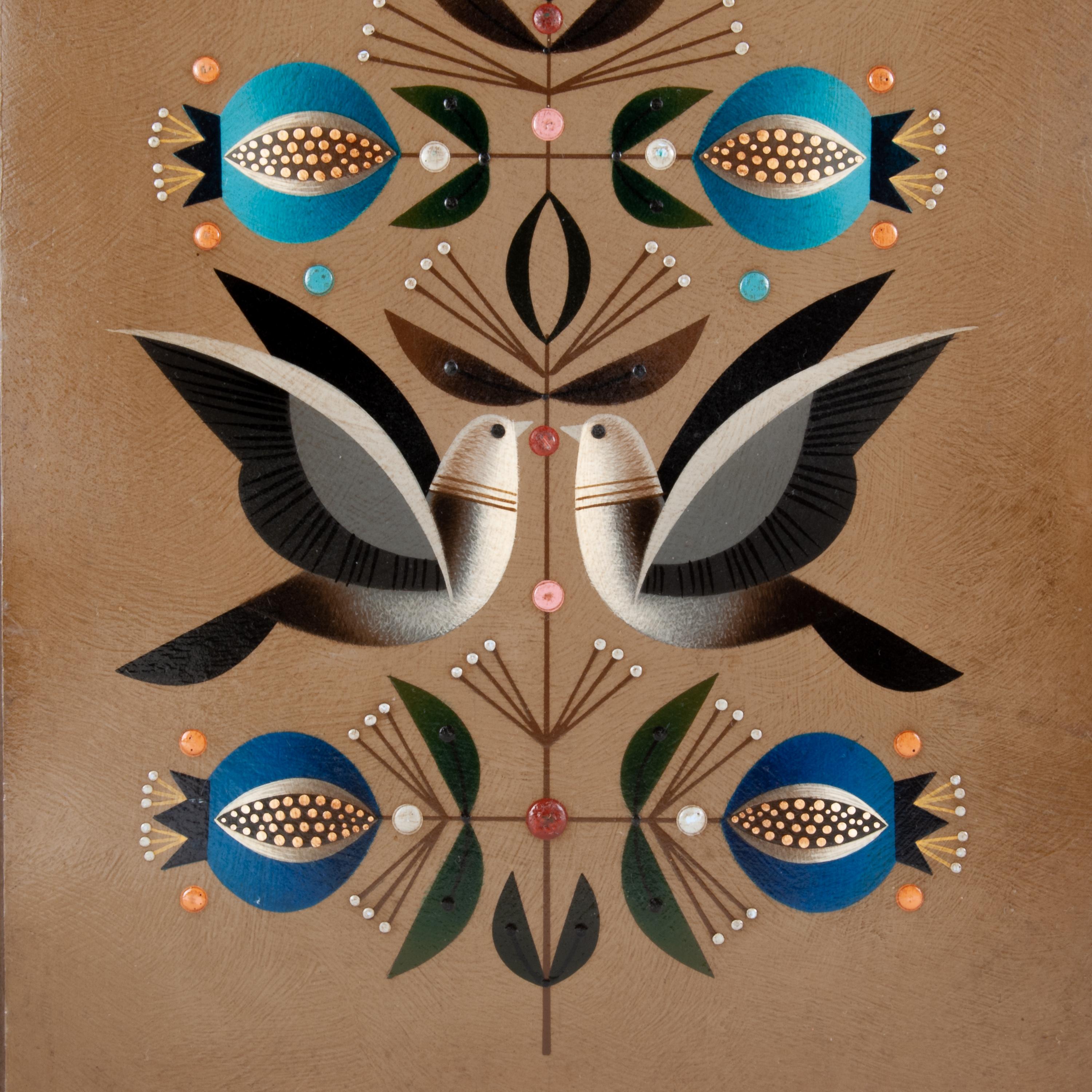 Original acrylic painting on wood with Doves in white and grey, with blue Pomegranates by Alejandro Rangel Hidalgo. Rangel was an artist, graphic designer, an artisan in wood furniture, and Scenographer for Opera & Ballet born in Colima, Mexico in