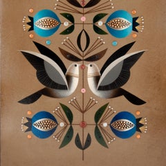 Original Acrylic on Wood Painting of Doves & Pomegranates by A Rangel Hidalgo