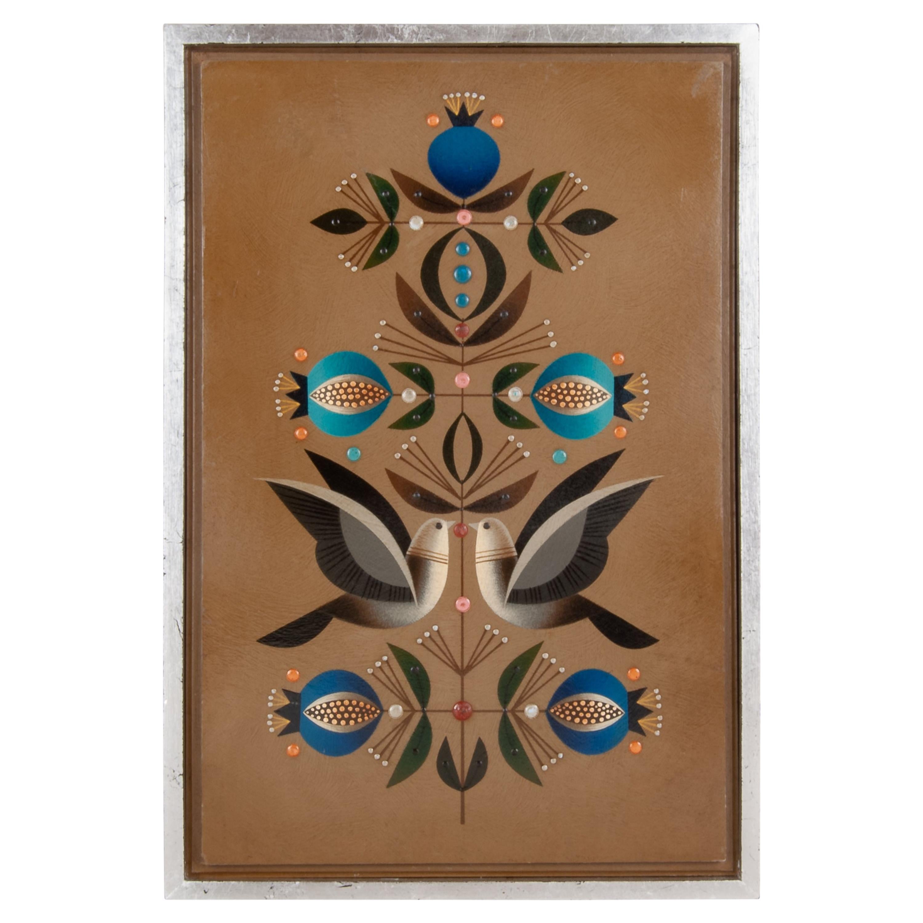 Original Acrylic on Wood Painting of Doves & Pomegranates by A Rangel Hidalgo
