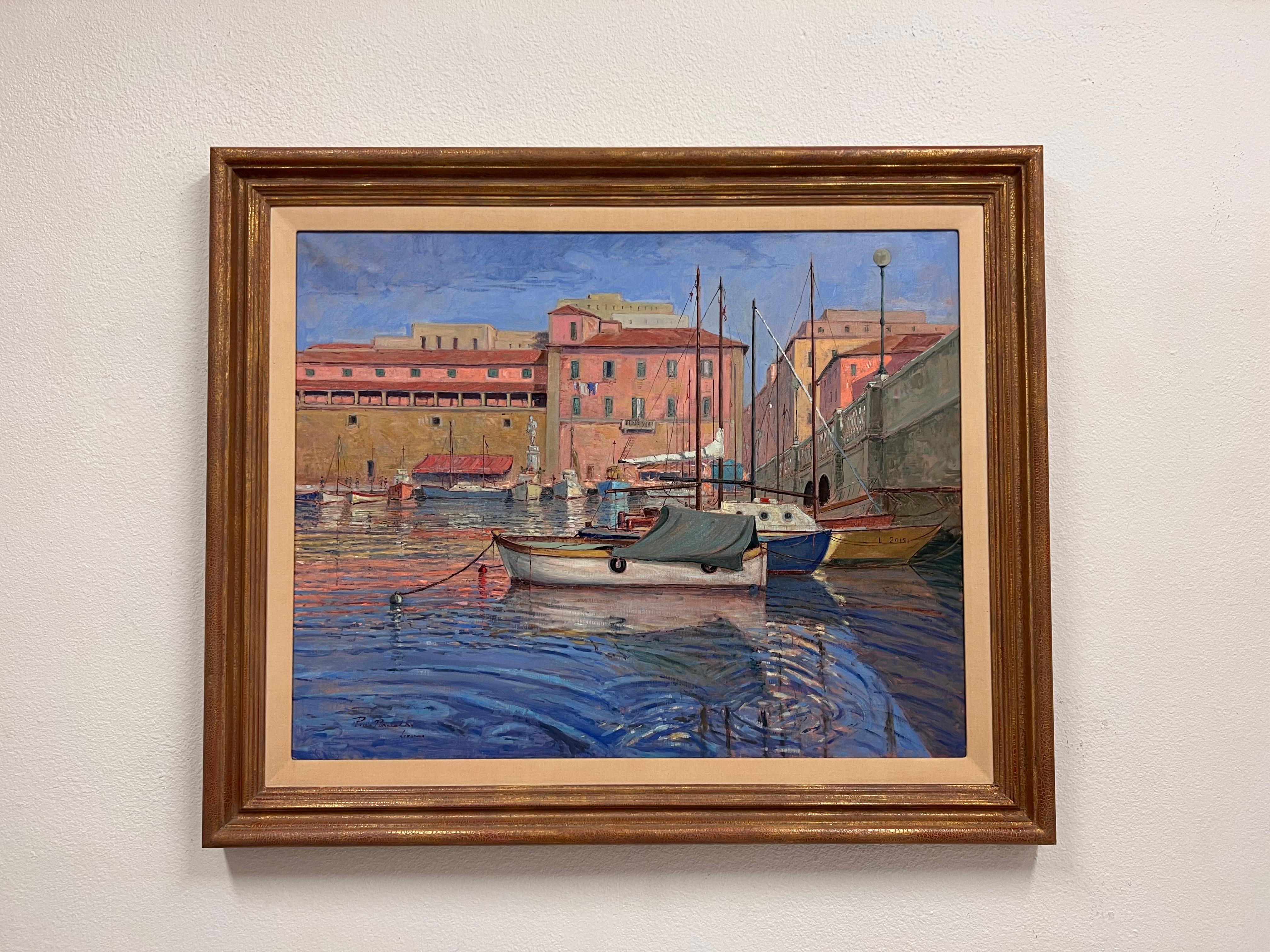 Schönes Original-Acrylgemälde auf Leinwand des italienischen Künstlers Piero Pastacaldi. 
Das Gemälde zeigt die Heimatstadt des Künstlers, den Hafen von Livorno in Italien. 

Die Farbe ist Acryl auf Leinwand mit einem vergoldeten Holzrahmen. Vom