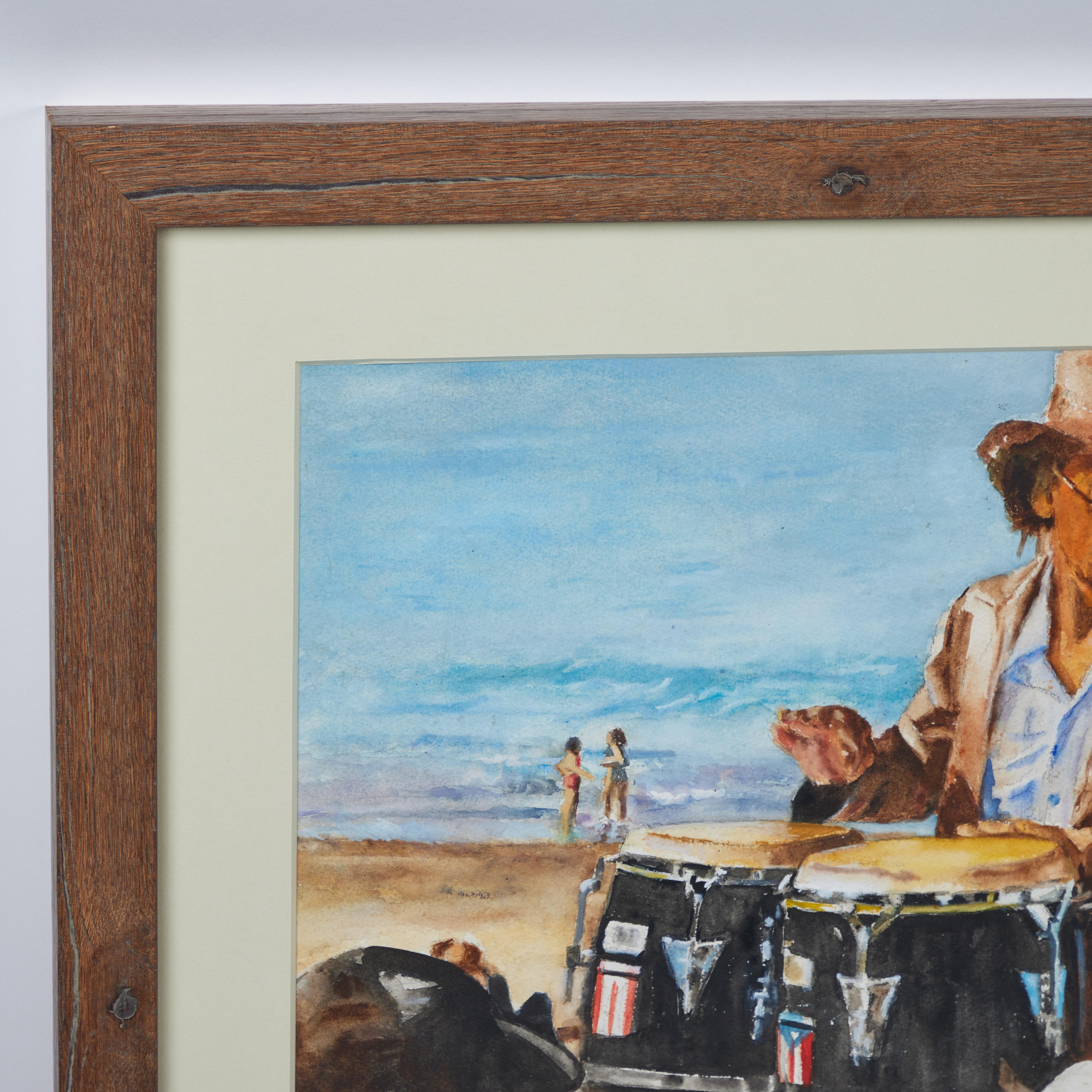 VIVACIOUS & VIBRANT

We are attracted to this cheerful original acrylic on paper rendering of a spirited musician and his followers on the boardwalk at the beach by artist Pat Berger (c 1970). It has been newly matted and framed in a handsome wood