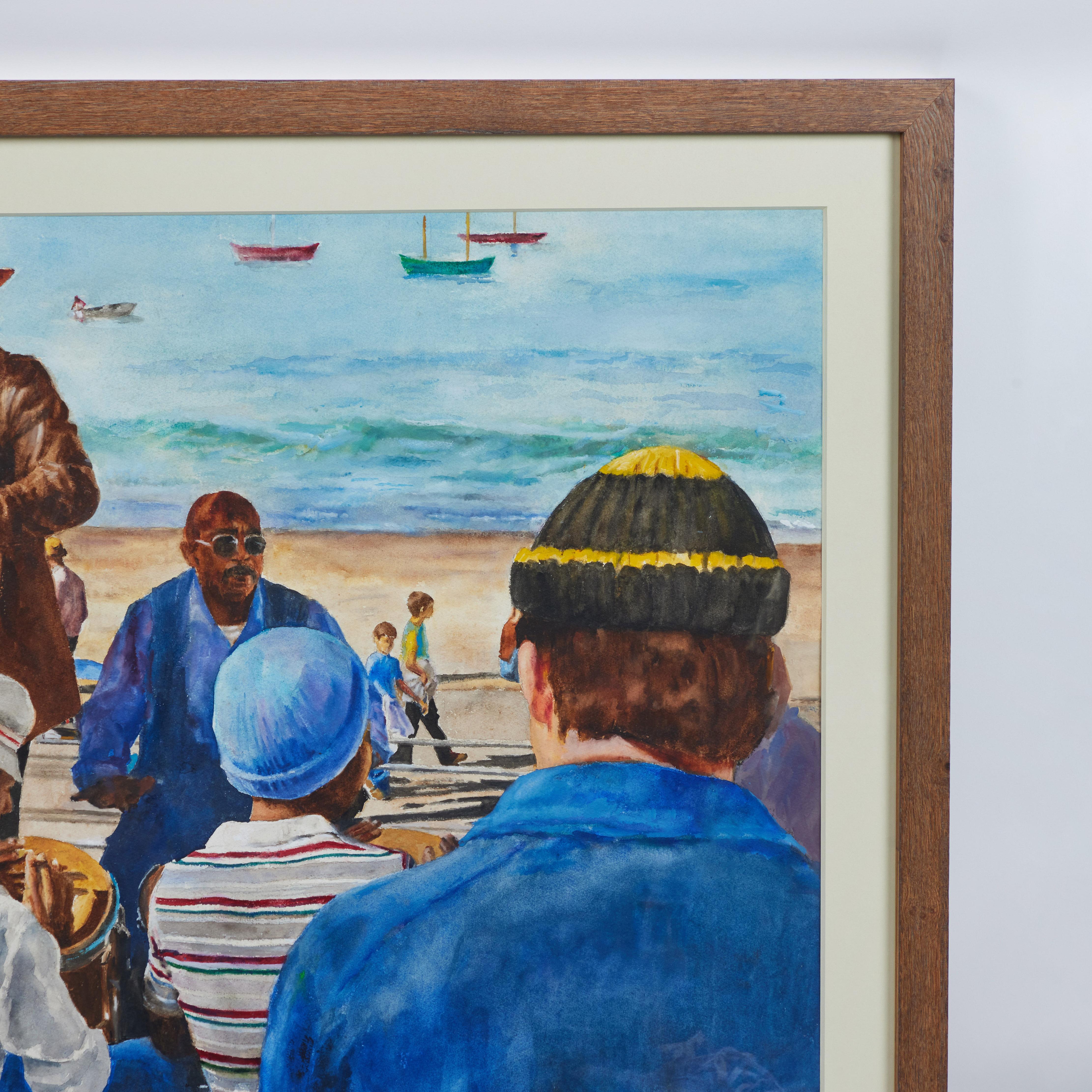 Fin du 20e siècle Peinture originale à l'acrylique d'une scène de plage, vers les années 1970, par l'artiste Pat Berger en vente