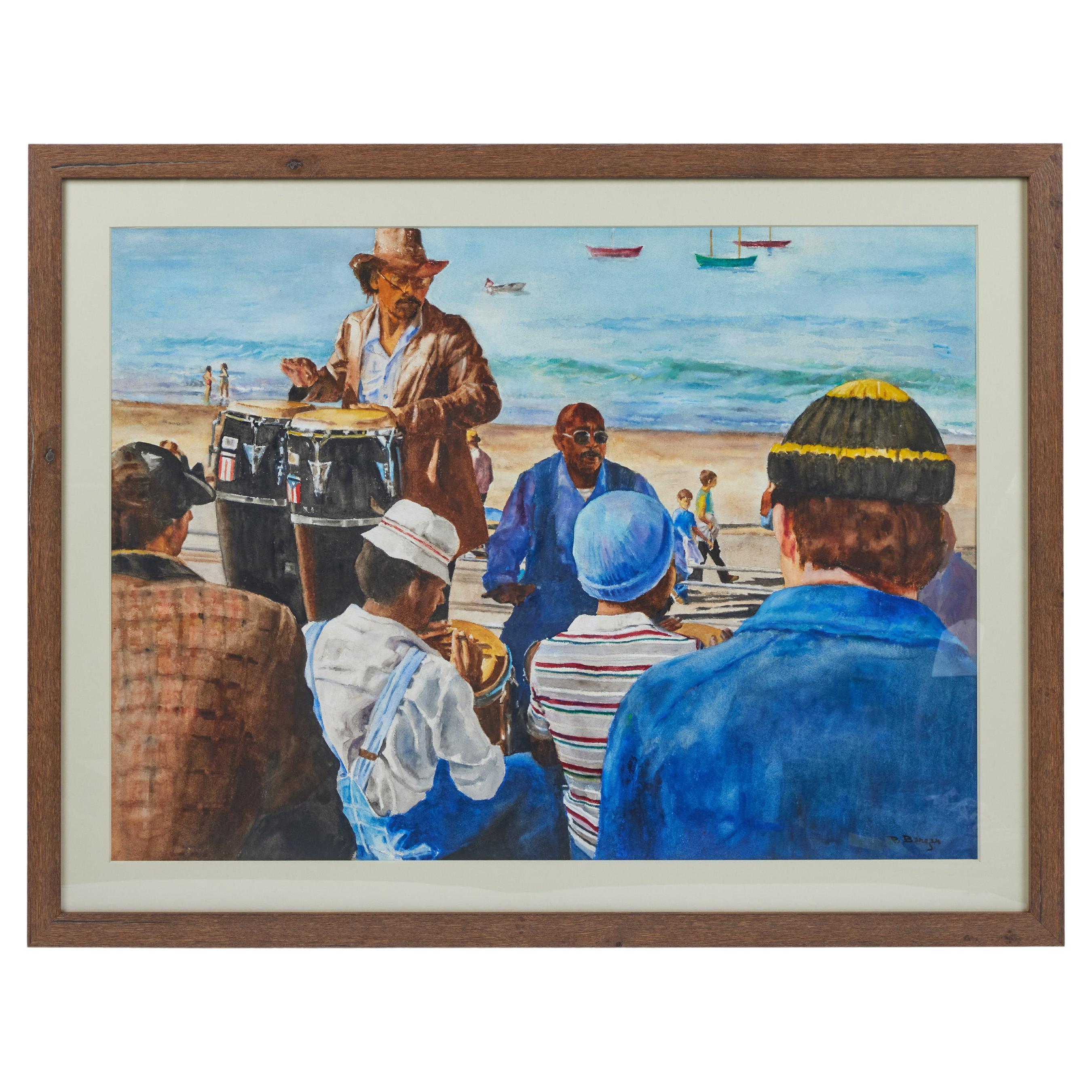 Original Acrylic Painting of Beach Scene, C 1970s by Artist Pat Berger