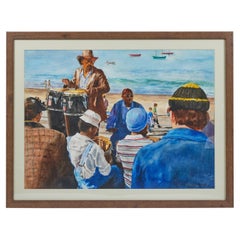 Original Acrylic Painting of Beach Scene, C 1970s by Artist Pat Berger