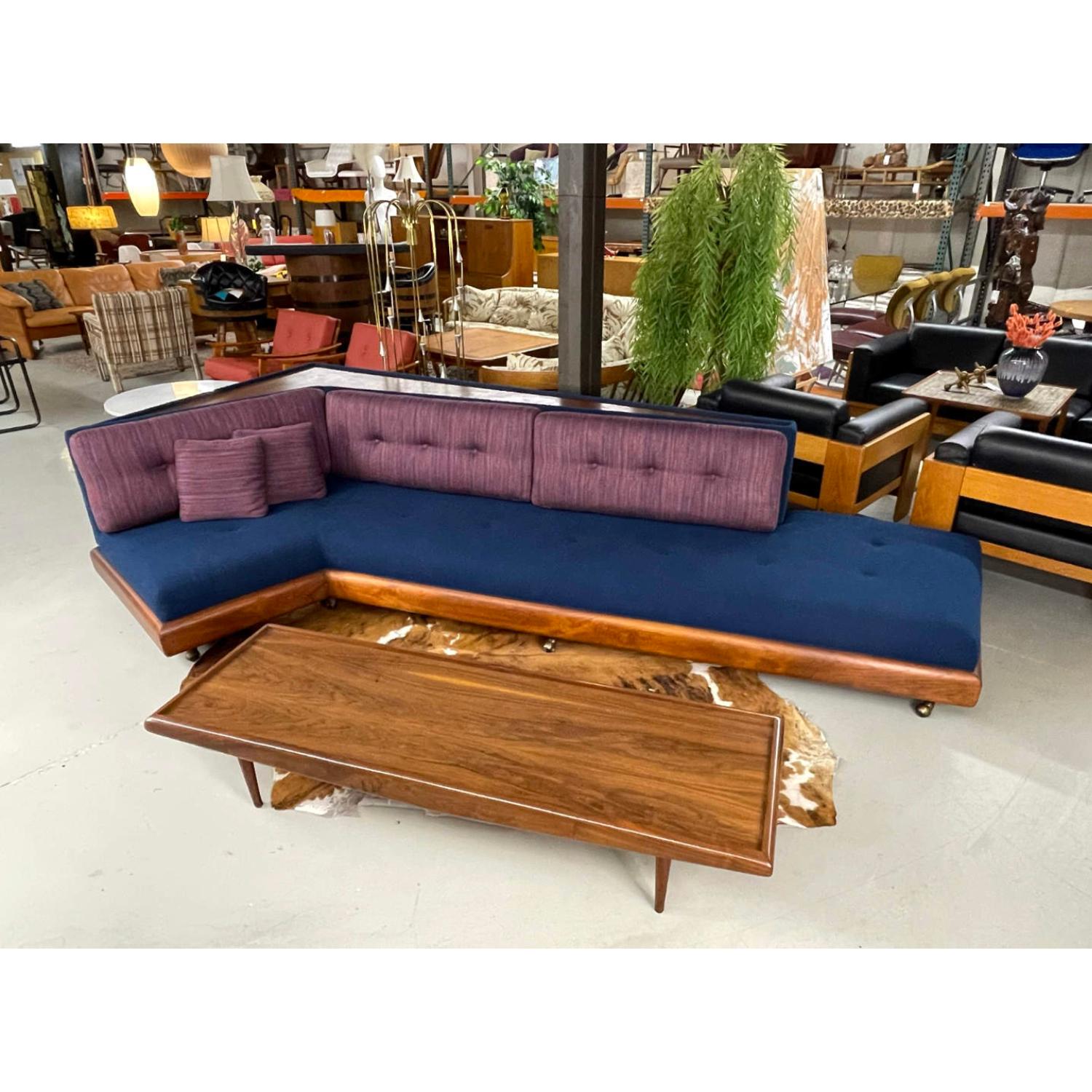 This listing is for the sofa alone. The coffee table is sold separately, inquire if interested.

What's better than vintage original?  Upholstery that actually works for today's decorators.  This original two-tone fabric combination has a timeless