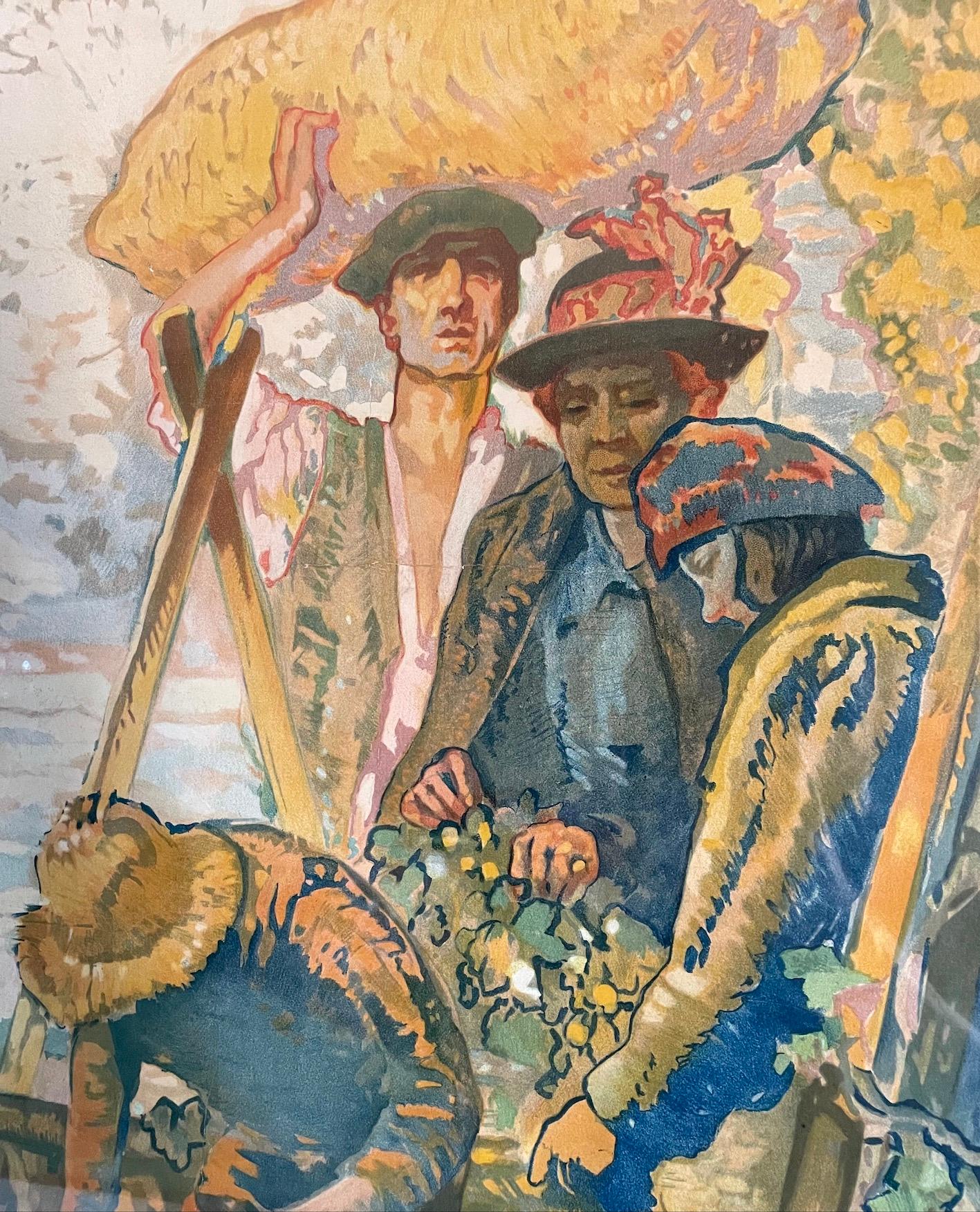 Affiche publicitaire vintage originale encadrée en bois représentant
Les cueilleurs de houblon dans le Kent n° 5
Image colorée de fermiers et d'une femme tenant un bébé, avec en arrière-plan des maisons traditionnelles du Kent.
Lithographie en