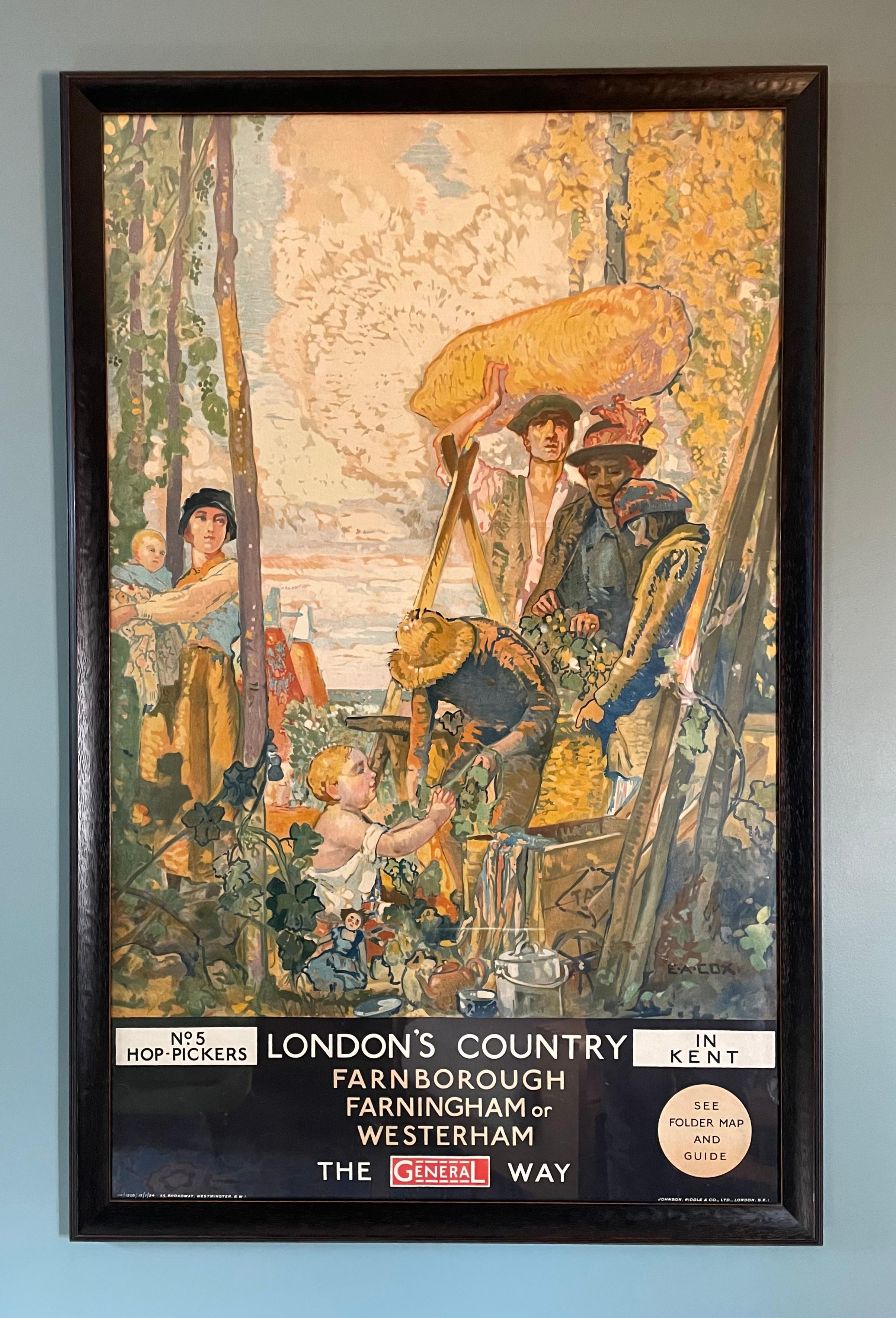 Original Advertising Poster ‘Hop Pickers in Kent’ By E A Cox In Good Condition For Sale In Petworth, GB
