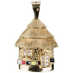 Original African House in 18 Karat Gold Diamonds and Color Enamel Pendant