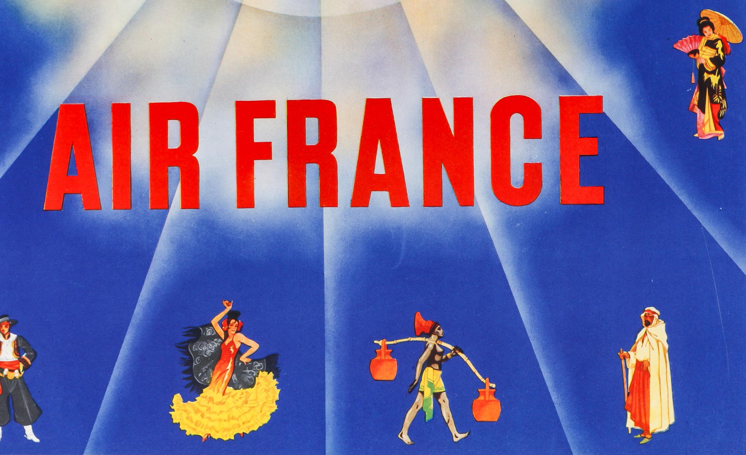 Art Deco Original Air France Poster, Flamenco, Kimono, Sombrero, Kilt, Dewoitine, 1935 For Sale