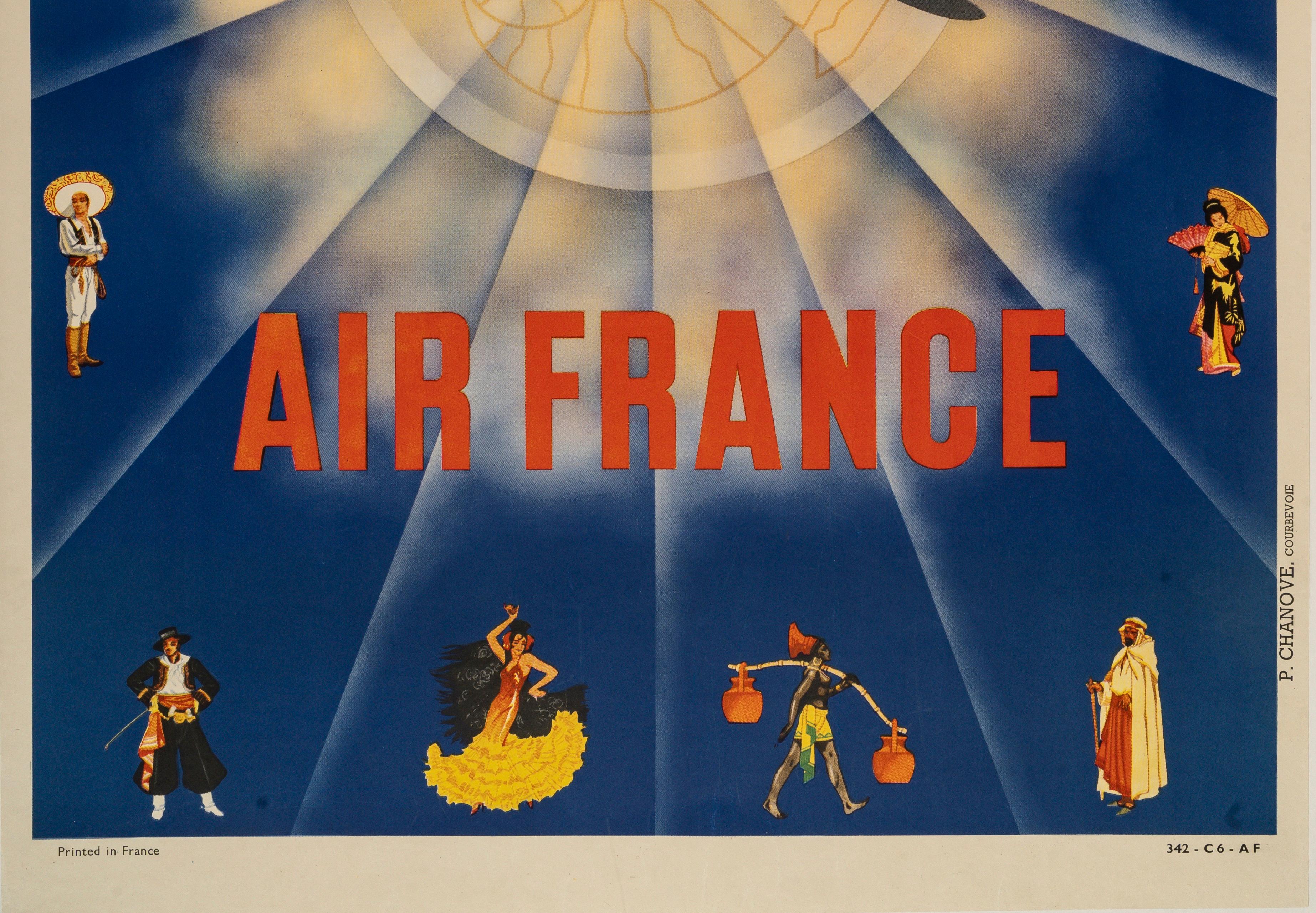 Art déco Affiche originale d'Air France, Flamenco, Kimono, Sombrero, Kilt, Dewoitine, 1935 en vente
