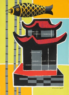 Guy Georget, Original Air France Poster, Far East Pagoda, Nobori, Japan, 1956