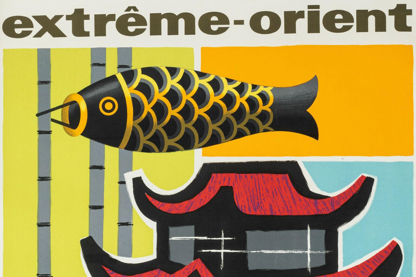 Mid-Century Modern Guy Georget, Original Air France Poster, Far East Pagoda, Nobori, Japan, 1956