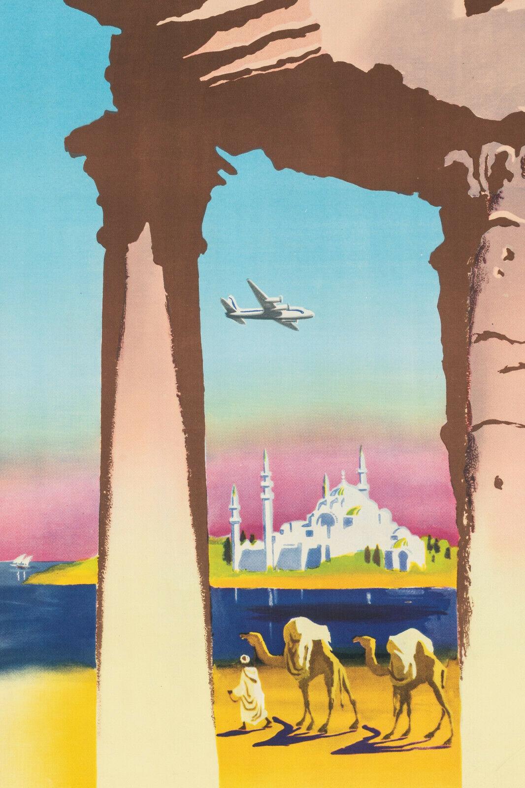 Mid-Century Modern Jean Even, Original Vintage Airline Poster, Air France, Istanbul, Turkey, 1950