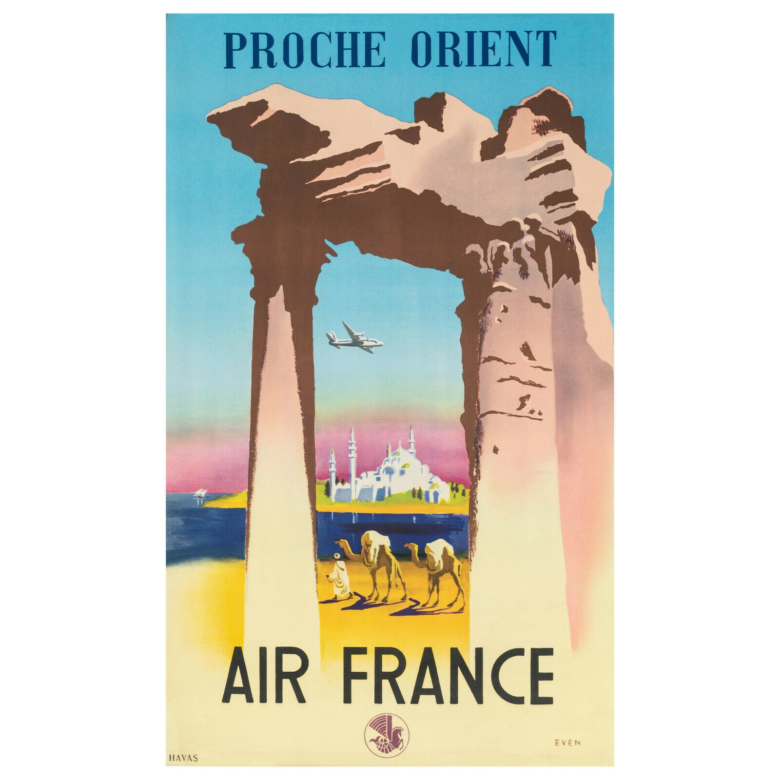 Jean Even, Original Vintage Airline Poster, Air France, Istanbul, Turkey, 1950