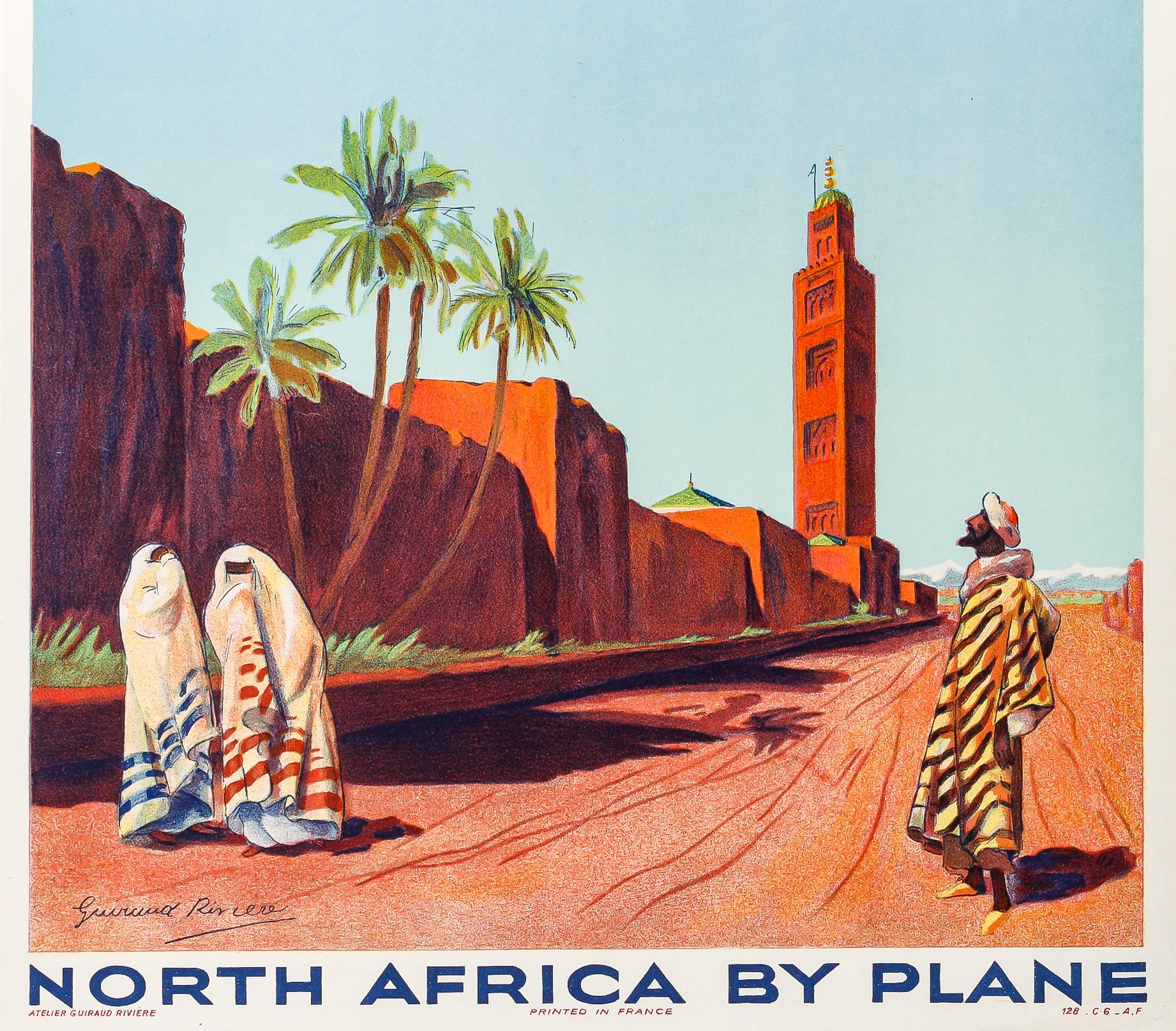 Original Air France Vintage Poster from 1934 for North Africa by Guiraud Riviere.

Artist: Guiraud Riviere
Title:  Air France – North Africa by plane
Date: 1934
Size: 12.1 x 19.5 in. / 30.7 x 49.5 cm.
Printer: Atelier Guiraud Rivière
Materials and
