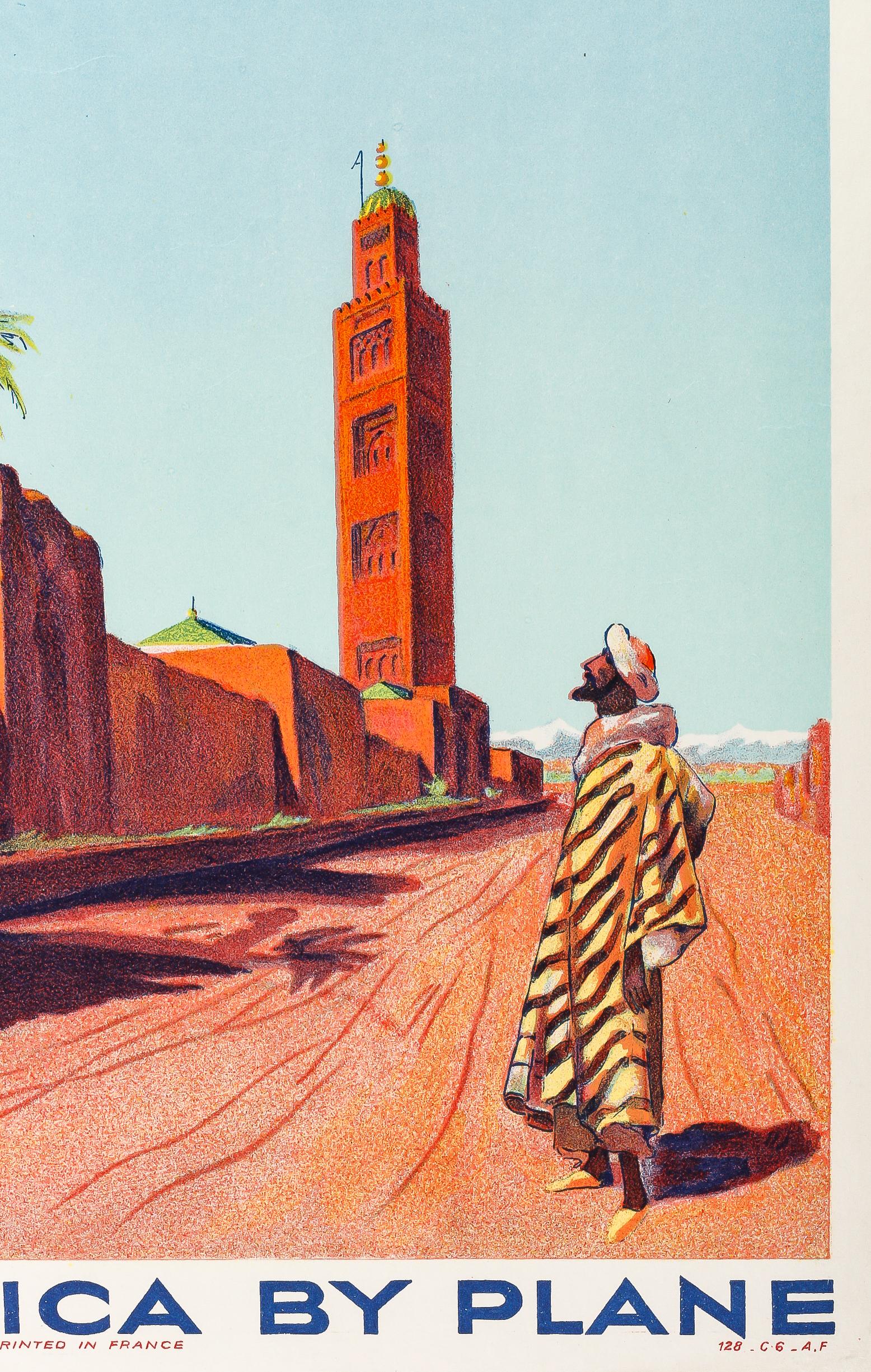 French Original Air France Poster, North Africa by plane, Morocco Atlas, Koutoubia 1934 For Sale