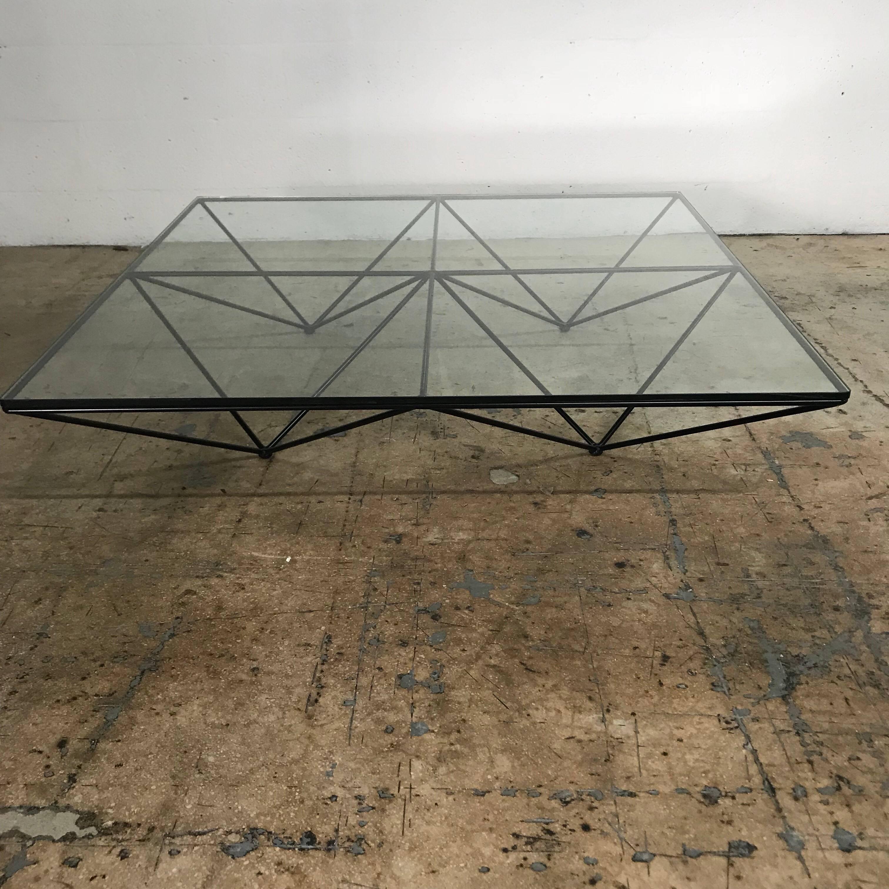 Black steel truss frame table with glass top designed by Paolo Piva for B&B Italia. Great low cocktail or coffee table.