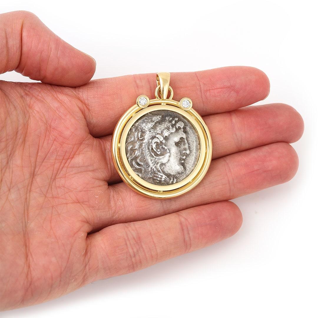 Contemporary Original Alexander The Great Coin 18ct Yellow Gold Diamond Pendant C. 250 BC For Sale