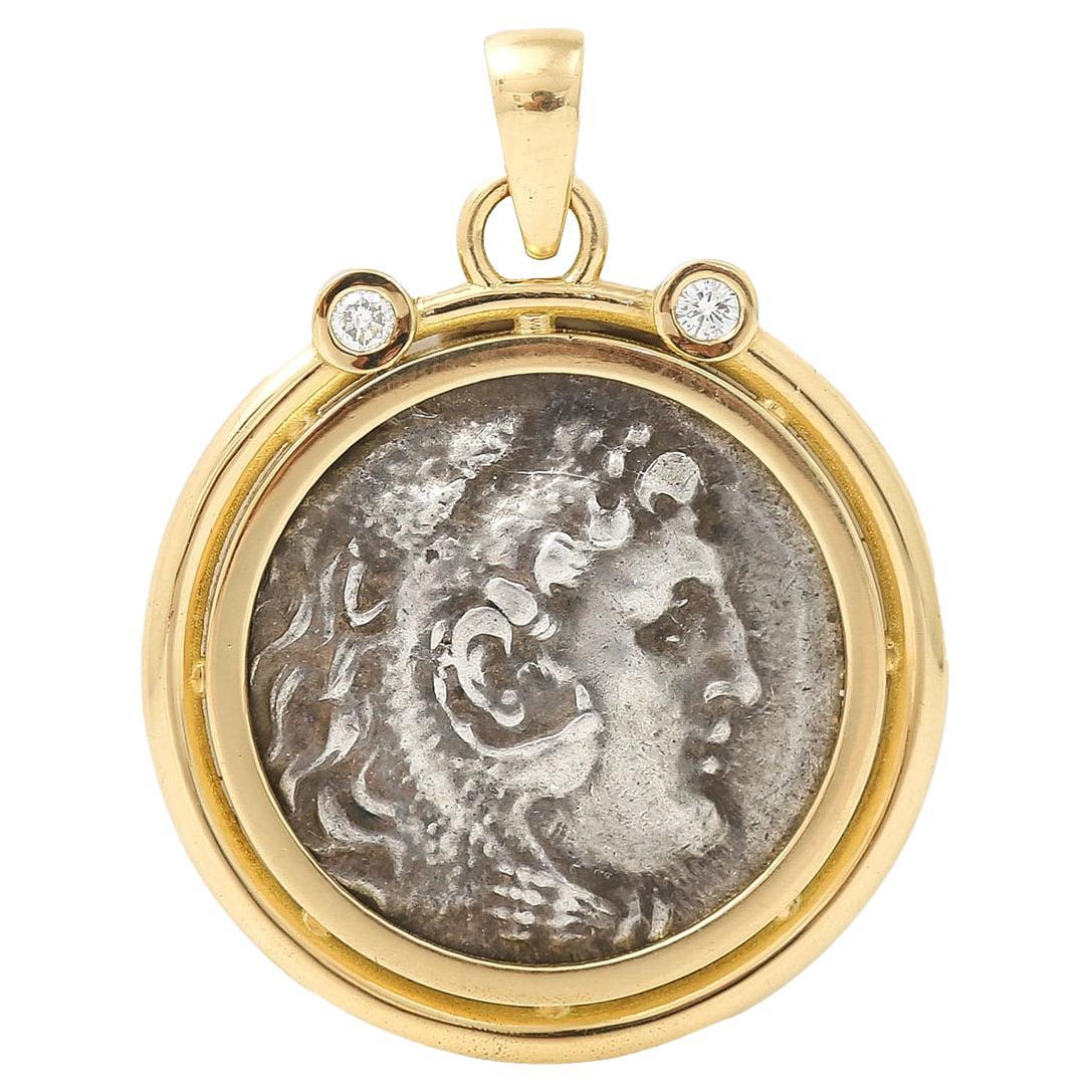Original Alexander The Great Coin 18ct Yellow Gold Diamond Pendant C. 250 BC For Sale