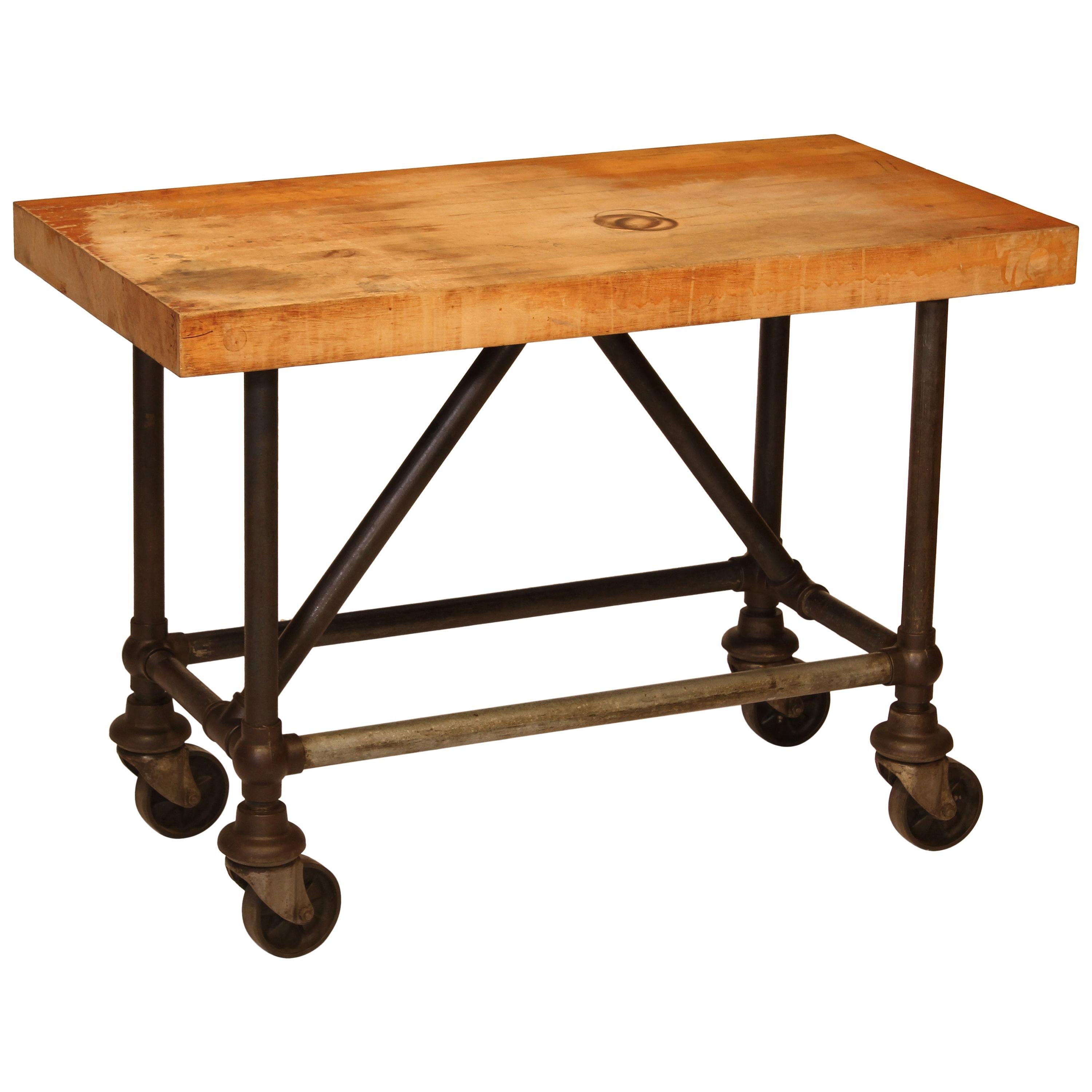 Original American Industrial Butcher Block Pipe Table / Bar Cart