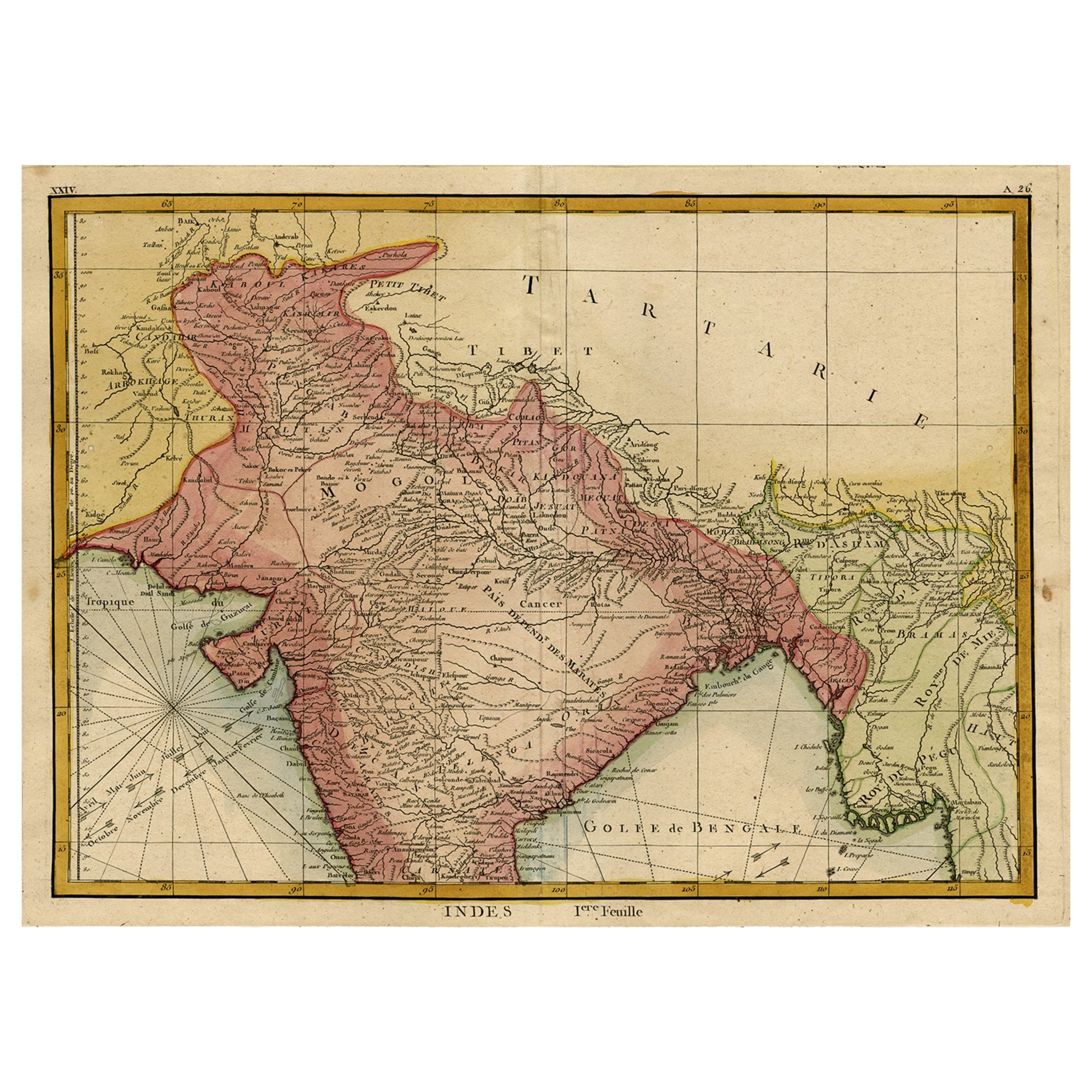 Mapa original y coloreado del norte de la India con las regiones circundantes, 1783