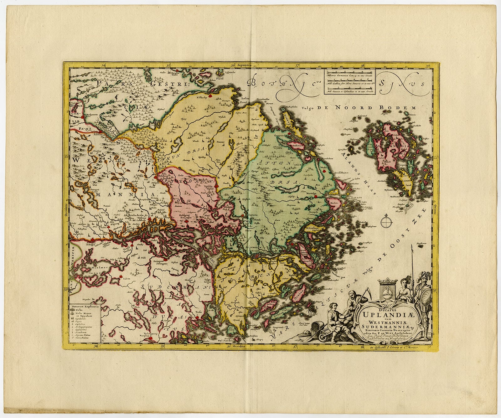 Antique map titled 'Ducatus Uplandiae cum Westmanniae Sudermanniae (..)' 

This map shows parts of Finland and Sweden. Originally published by Frederick de Wit in the late 1600's. This map was probably part of a composite atlas published