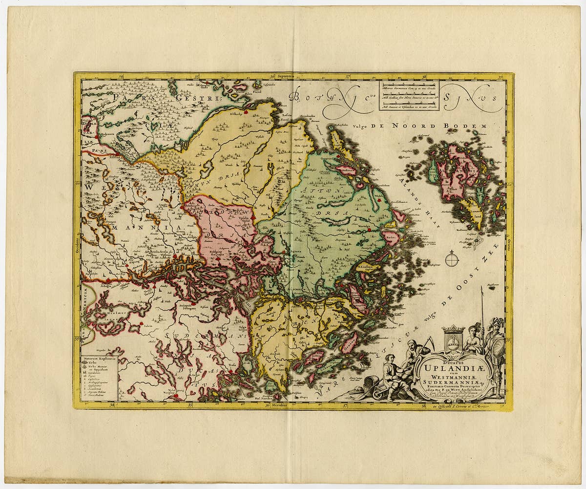 Original and Decorative Antique Engraved Map of Finland and Sweden, ca.1720